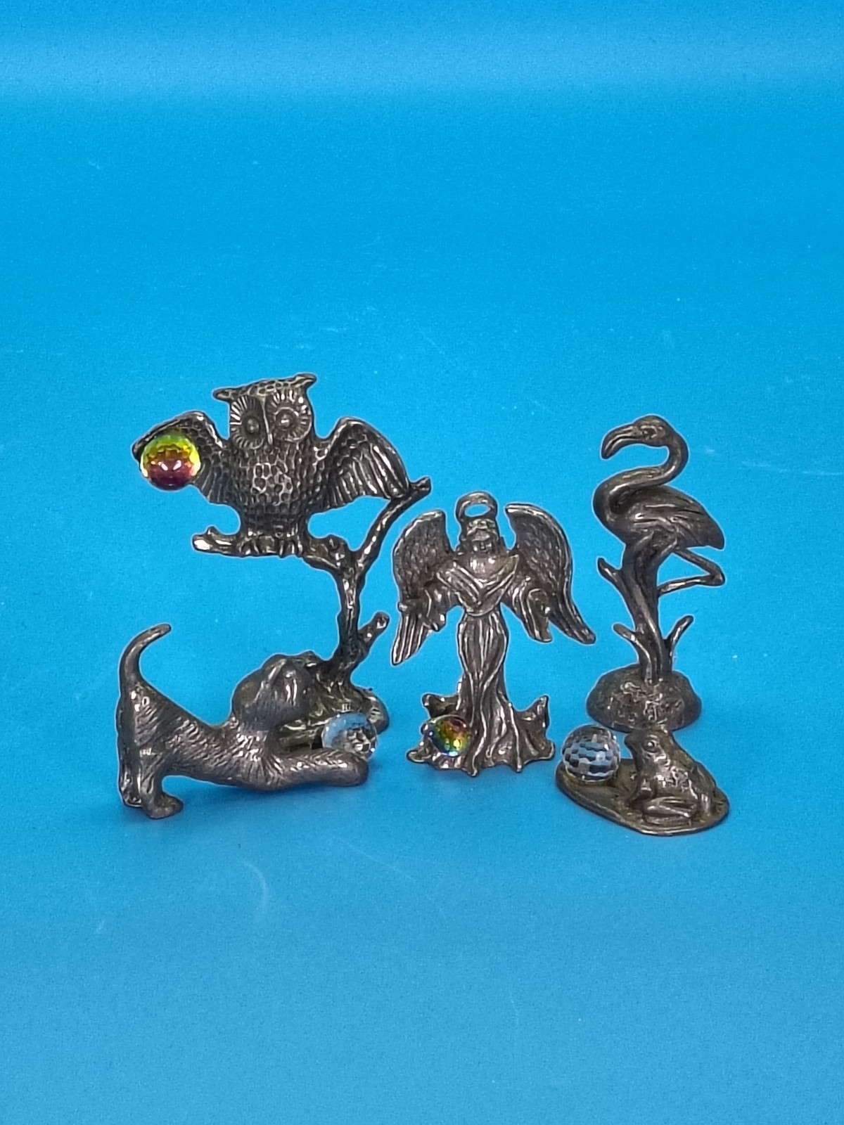 Vintage Handmade Pewter Figurines. Guardian Angel - Kitten - Wise Owl & Frog