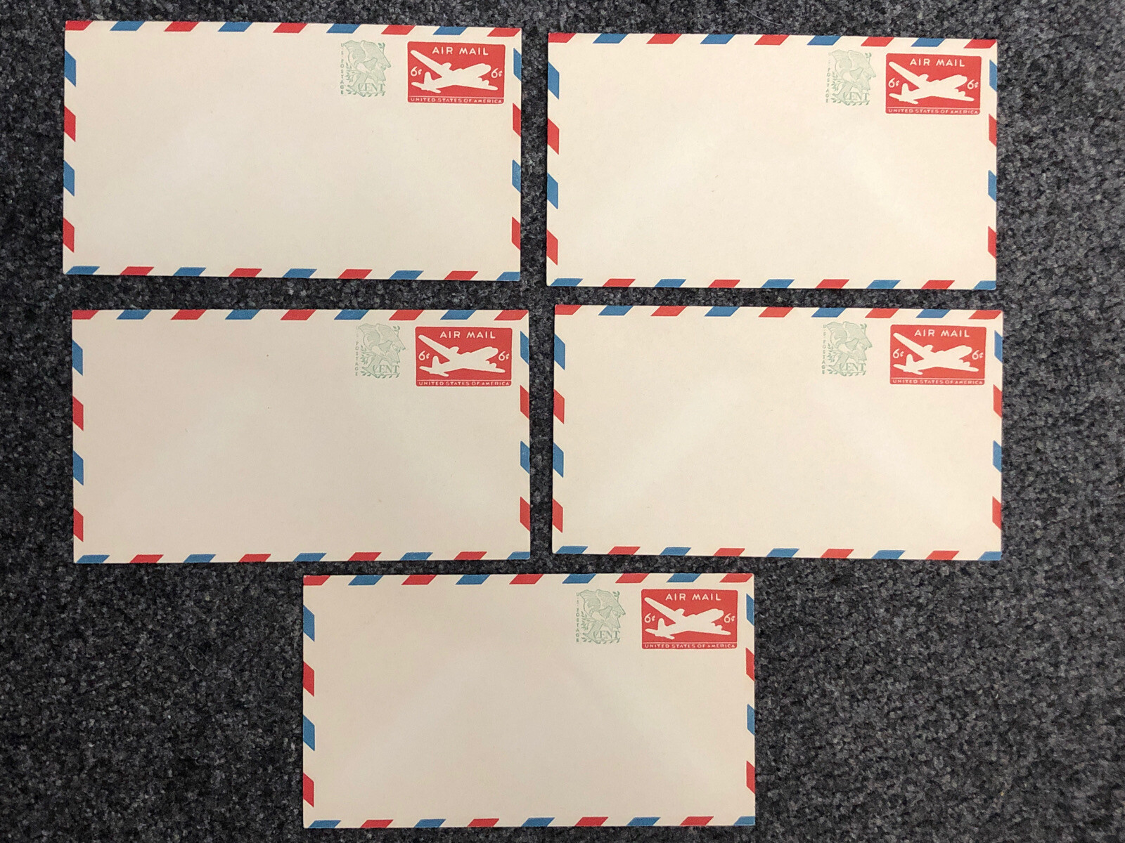 Five 6 3/4” Envelope Unused w/Border w/6 Cent Air Mail & 1 Cent Stamp VG Cond