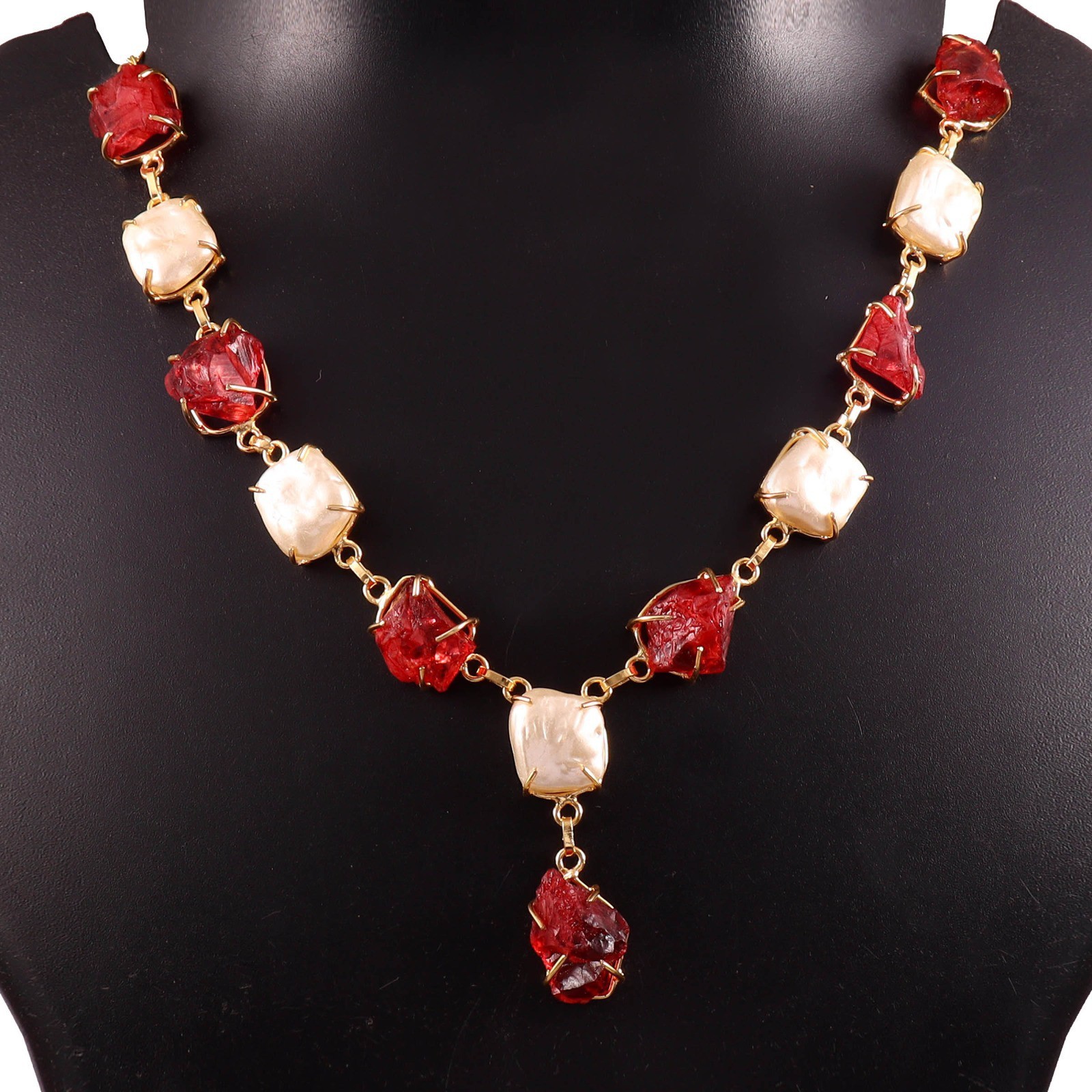 JewelleryHandmade Gold Tone Necklace with Red Raw Gemstone & Pearl Style Beads |