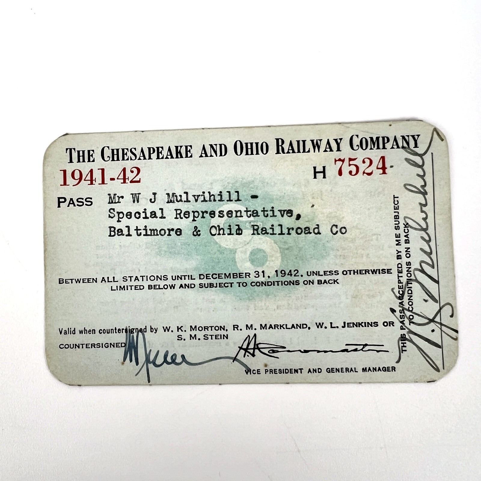 Chesapeake Ohio Railway C and O Railroad Pass 1941 1942 Baltimore Ohio B and O