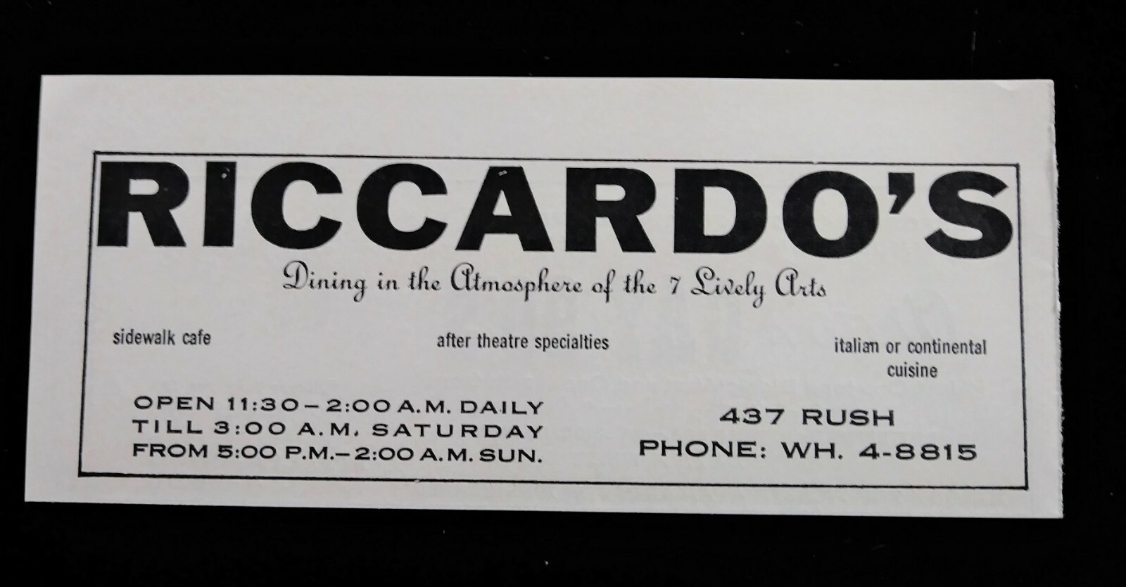 Vintage Mid-Century 1960\'s Restaurant - Riccardo\'s Italian Cuisine - 1963 Art AD