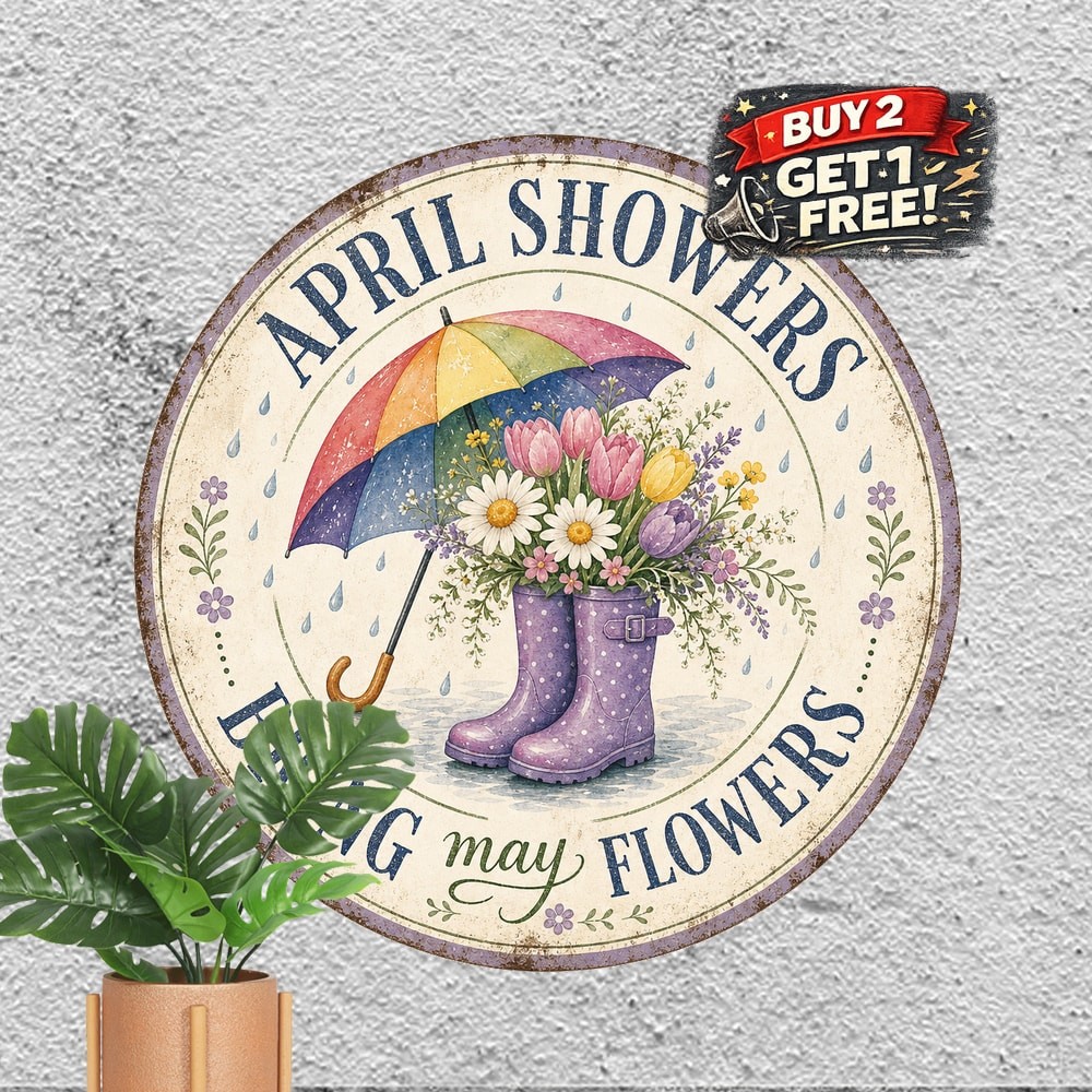 Rainbow Umbrella Rain Boots Round Metal Sign Spring Wall Decor Plaque 8x8