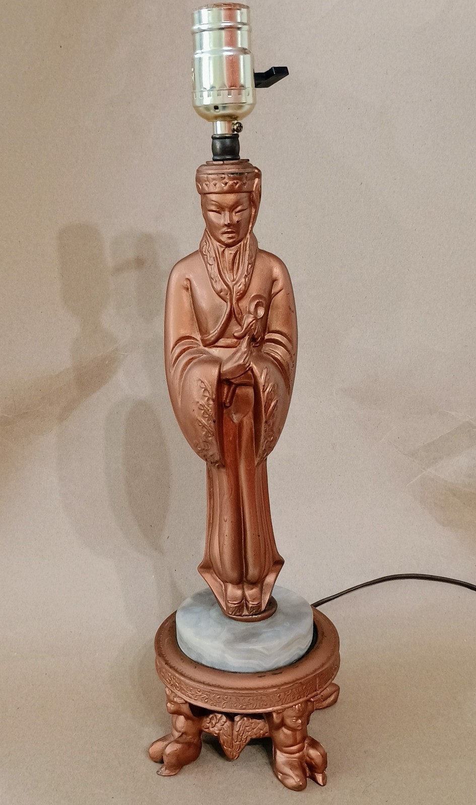 Vintage Asian Metal Table Lamp Figurine w/Angel Footed Marble Base Works MCM