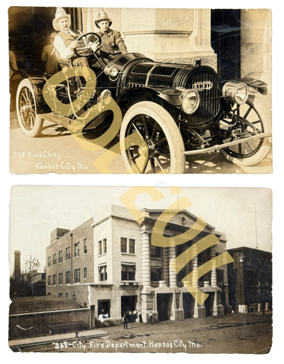 Pair (x2) Kansas City Fire Department RPPC postcard KS MO Chief Engine