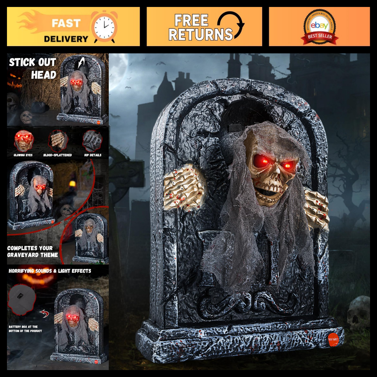Animated Halloween Tombstone Prop - Moving Skeleton, Sound & Light-Up Eyes, Scar Animated Halloween Tombstone Prop - Moving Skeleton, Sound & Light-Up Eyes, Scar