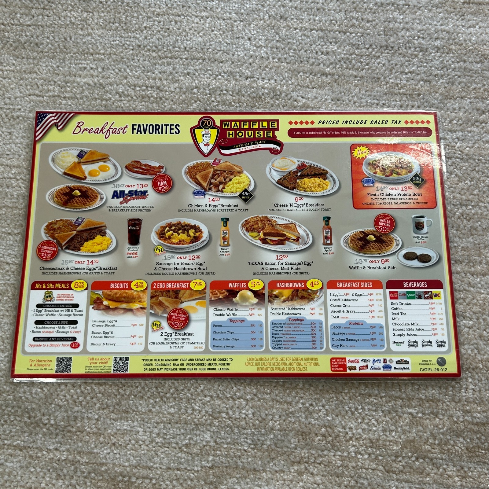 Authentic Waffle House 70th Anniversary Menu 17x11 Collector's Item