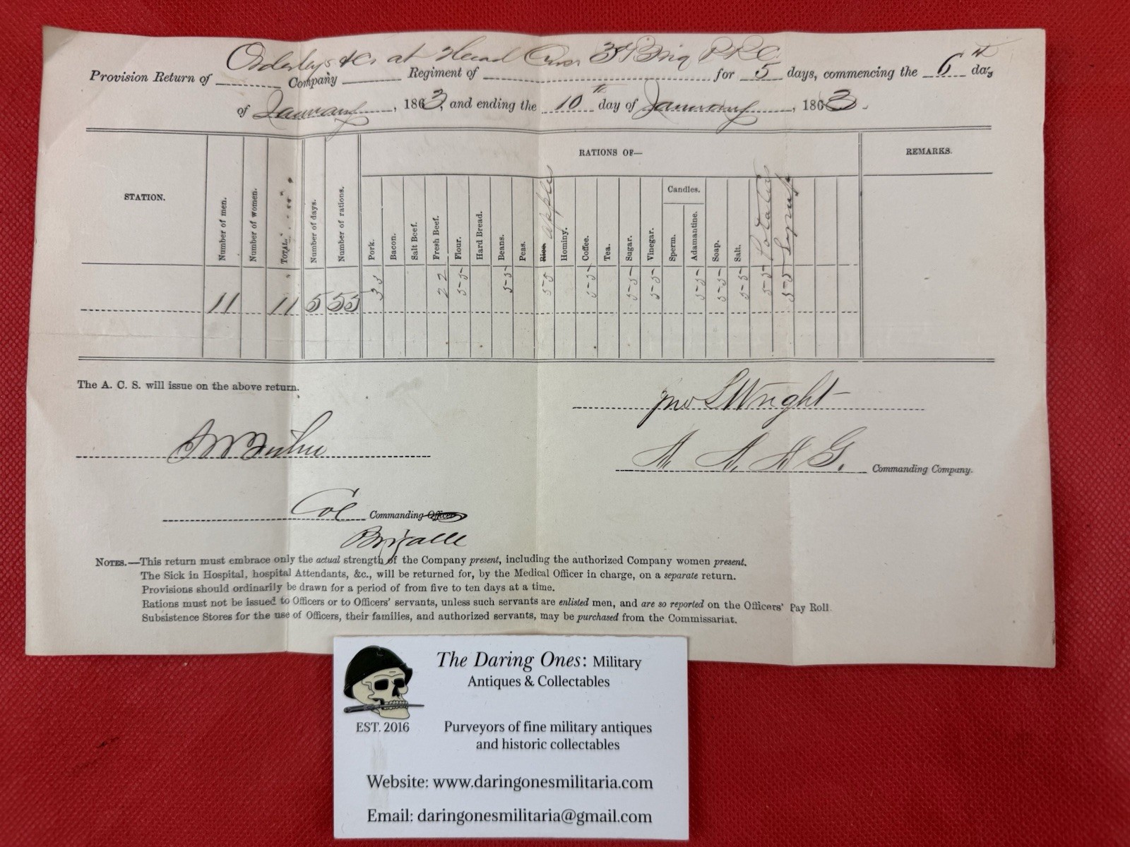 Original US Civil War Quartermaster Inventory List 1863 Document