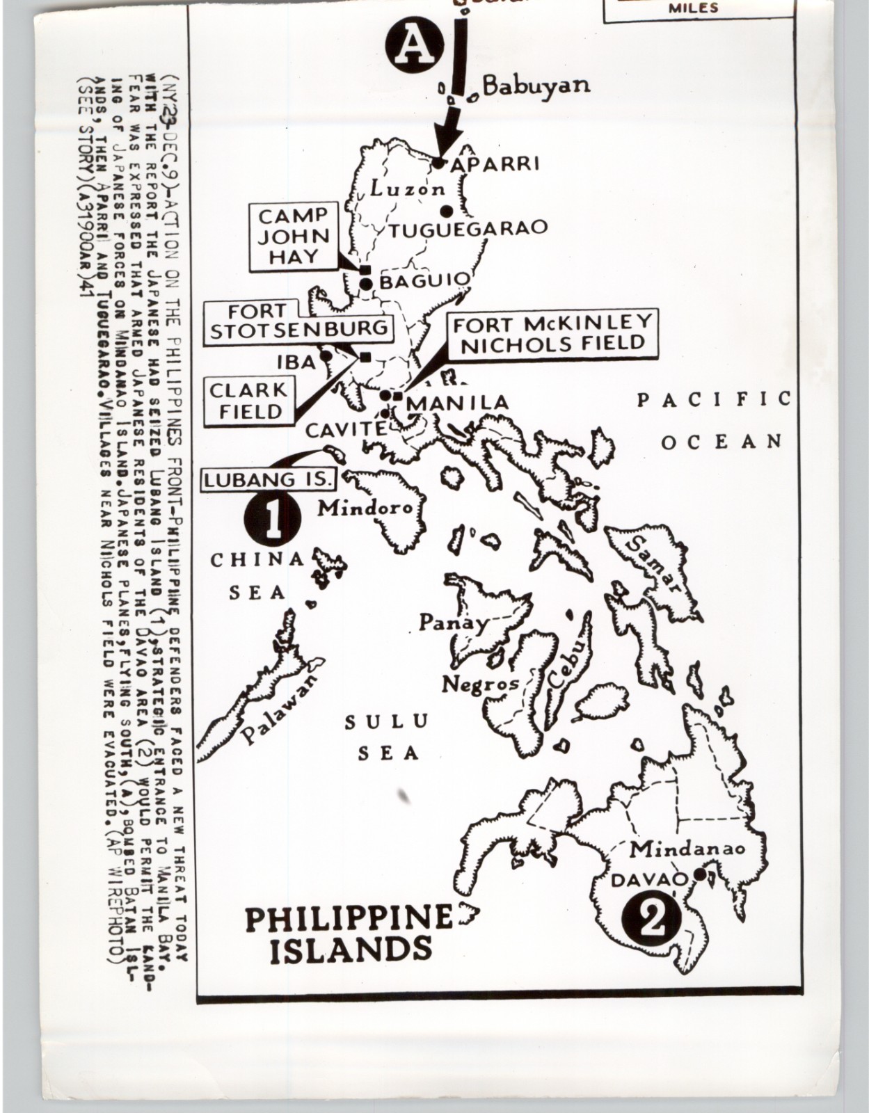 MAP Showing US Bases Across PHILIPPINE ISLANDS Vintage WWII 1941 Press Photo