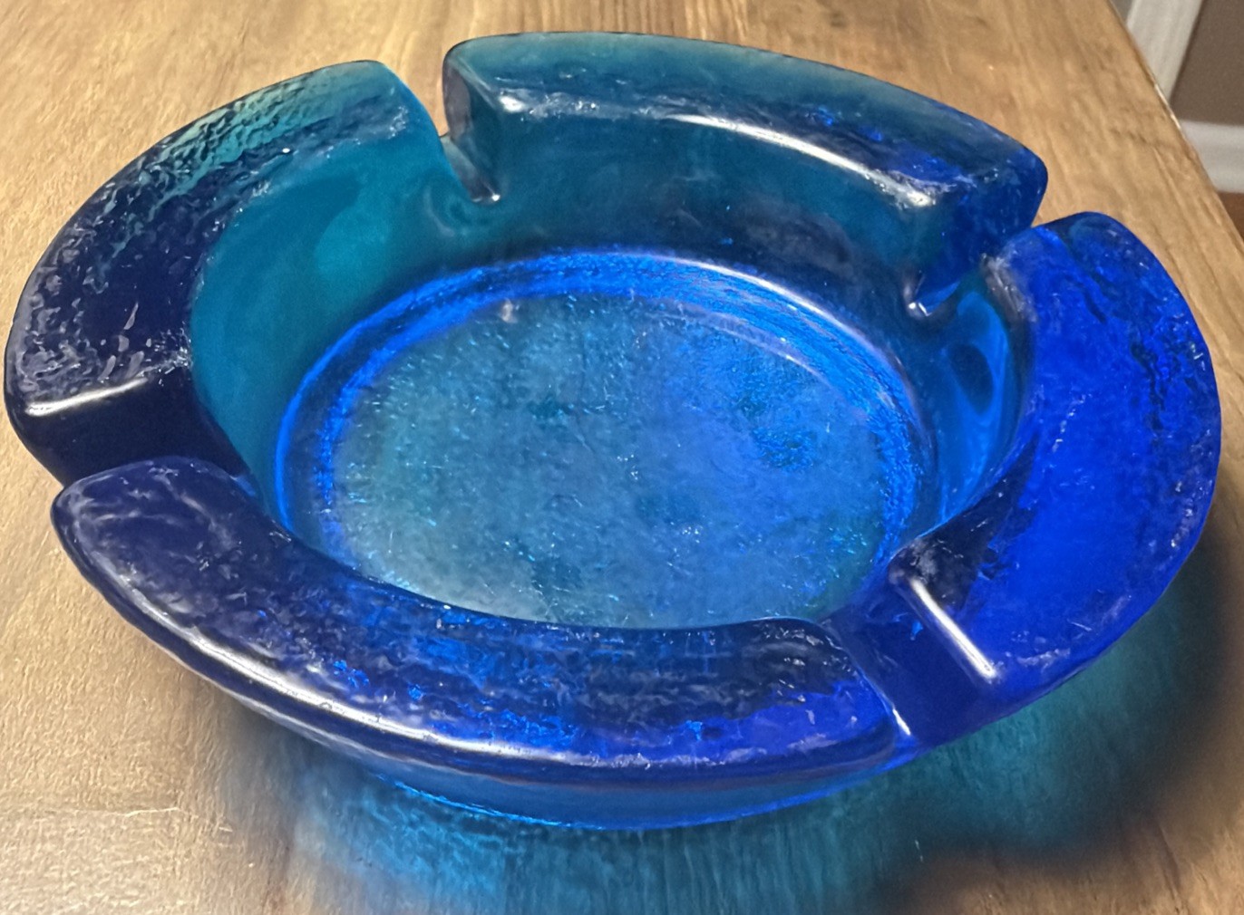 Vintage Bright Blue Glass Textured Round Ashtray, 4 Slots, 5.5” Diameter, MCM