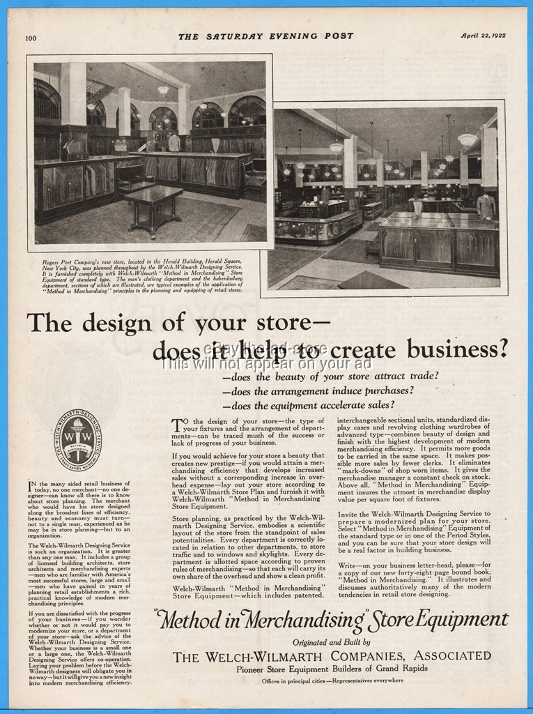 1922 Welch Wilmarth Co Grand Rapids MI Store Equipment Rogers Peet New York Ad