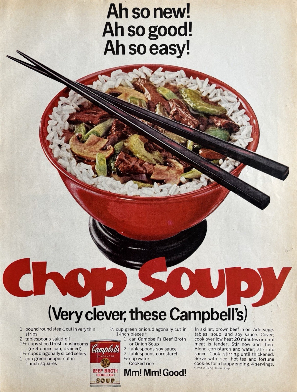 1968 Campbell’s Beef Broth Original Vintage Advertisement Chop Soupy Print Ad