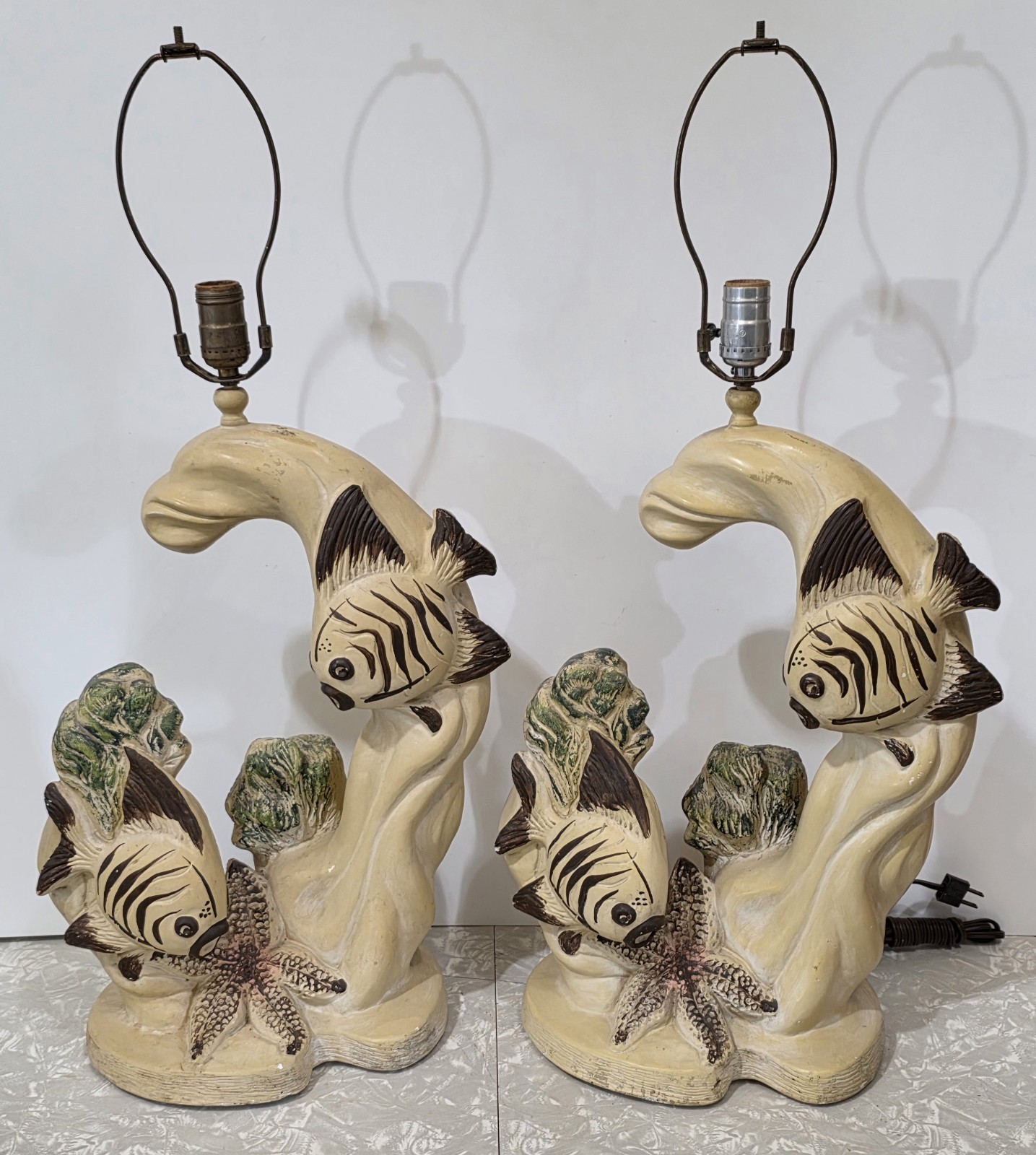 RARE 1953 Continental Lamp Co Chalkware Fish Table Lamps Large Pair
