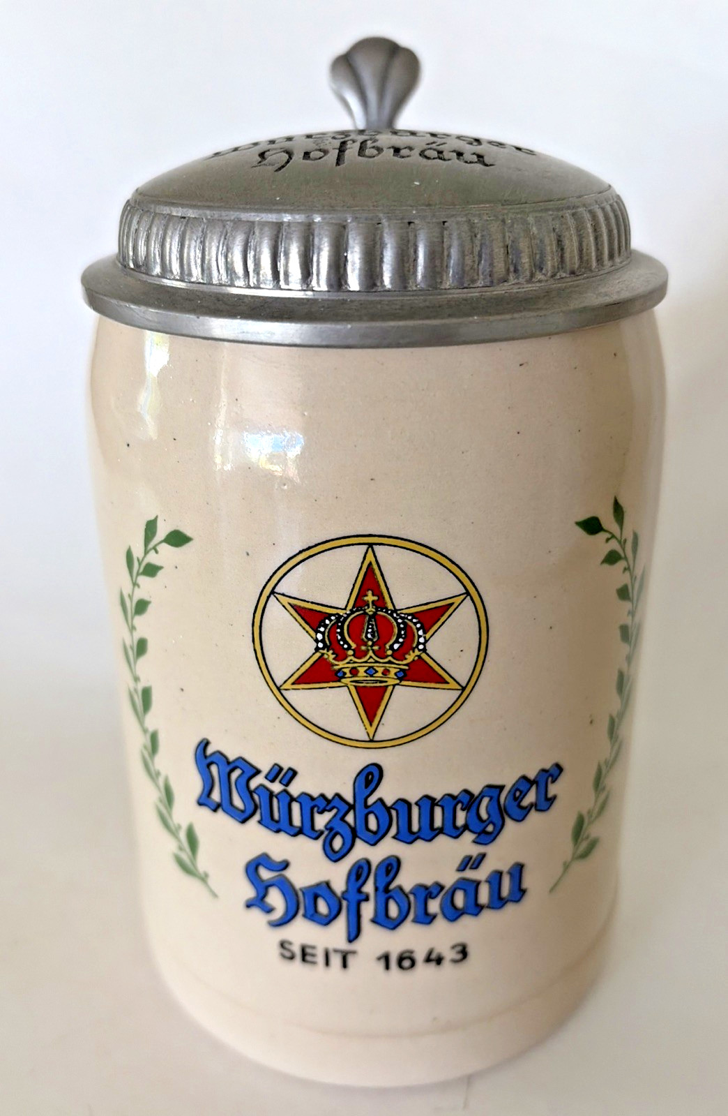 Vtg Wurzburger Hofbrau German Stein Stoneware Pewter Lid Red Crown Star Beer Vtg Wurzburger Hofbrau German Stein Stoneware Pewter Lid Red Crown Star Beer