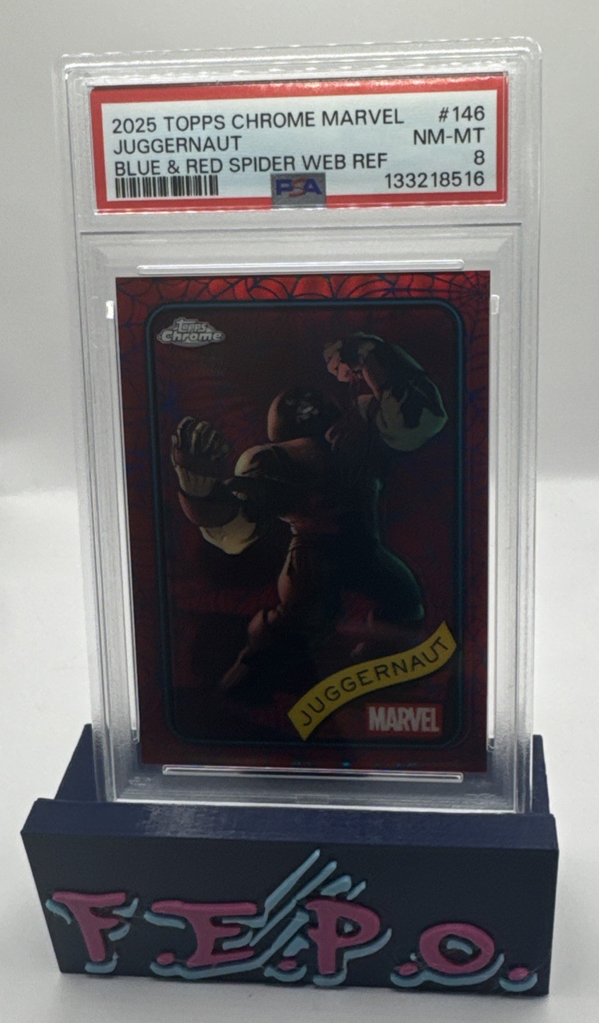 2025 Topps Chrome Marvel Blue & Red Spider Web Refractor Juggernaut 50/62 PSA 8 2025 Topps Chrome Marvel Blue & Red Spider Web Refractor Juggernaut 50/62 PSA 8