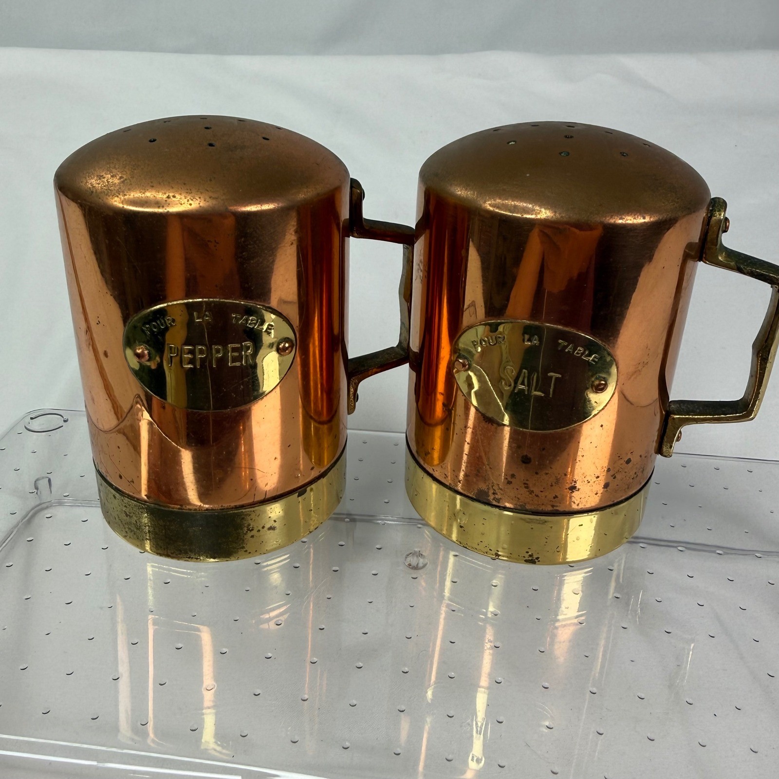 Vintage ODI Solid Copper Salt and Pepper Shakers Set Brass Handles Portugal