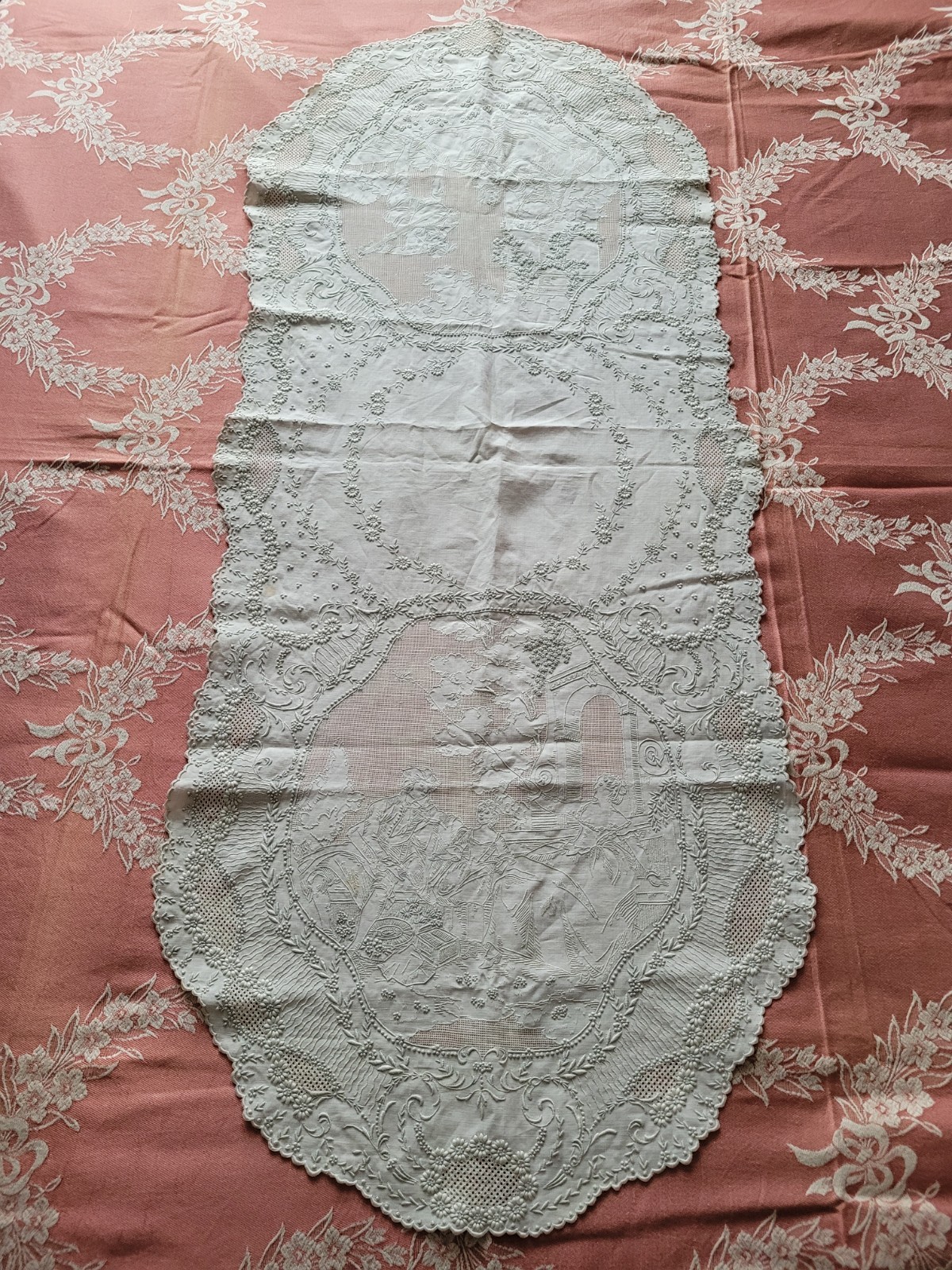 Antique c1900 Whitework Embroidered Linen Table Runner Figural Romantic Scenes