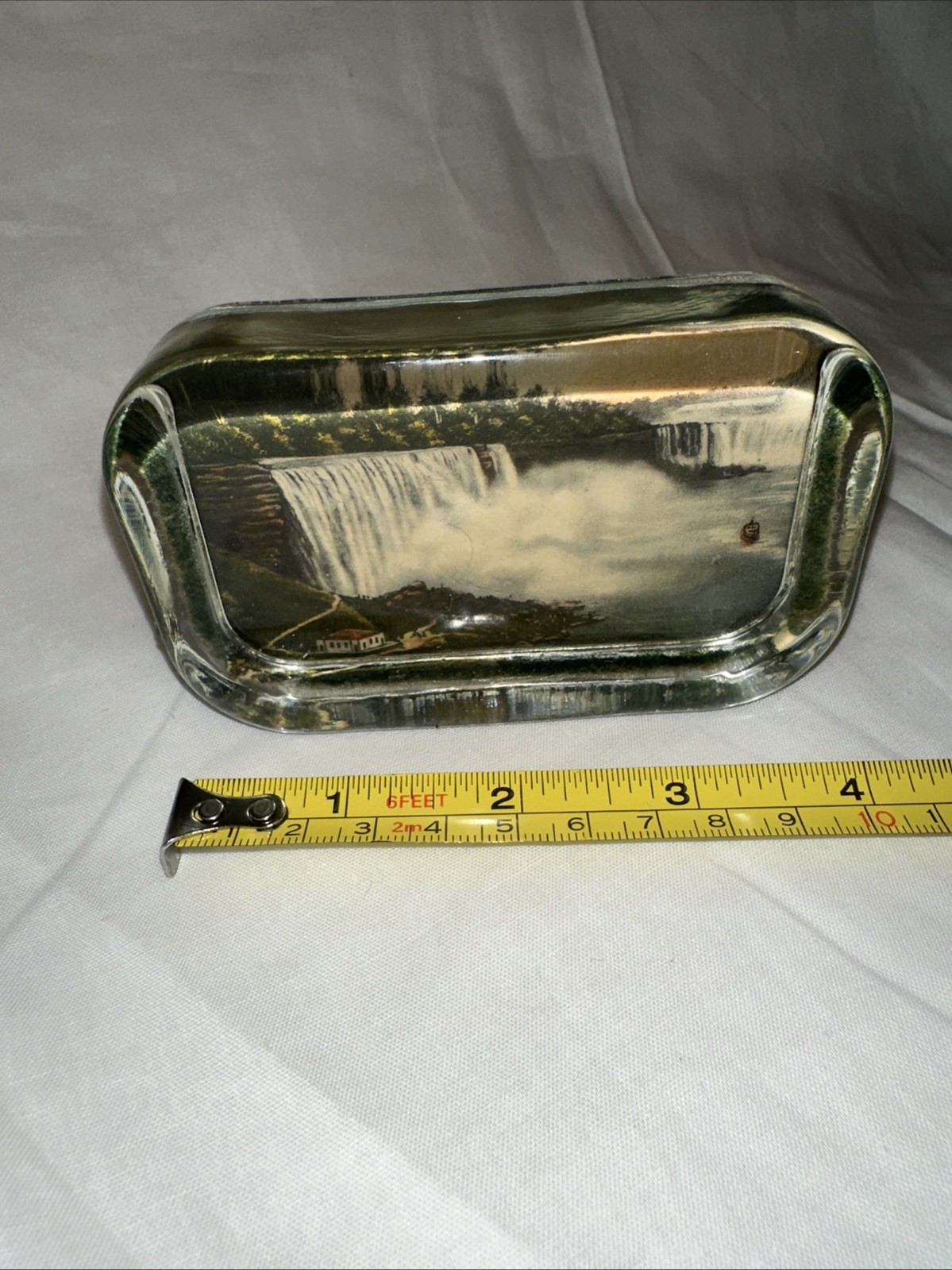 Vintage Rectangle Niagra Falls Glass Paper Weight-Green Felt Back-