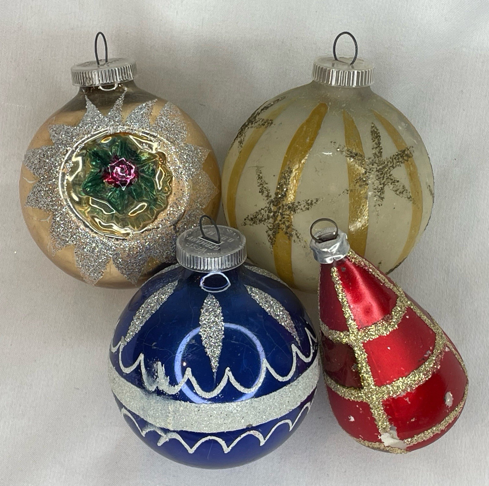 Mixed Lot 4 Vintage Blown Glass Embellished Christmas Ornaments (Germany)