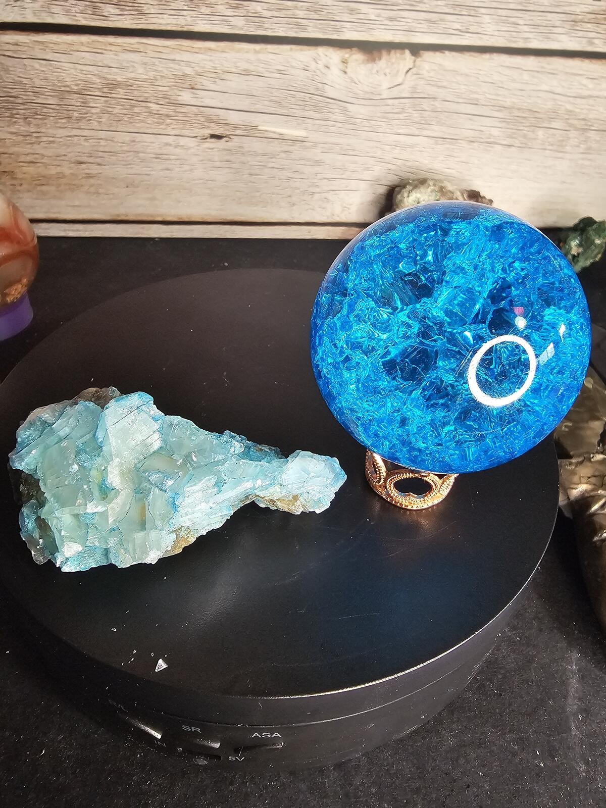 Blue Crackle Glass Sphere 50mm with Light Blue Crystal Cluster Bundle – 7.5 oz