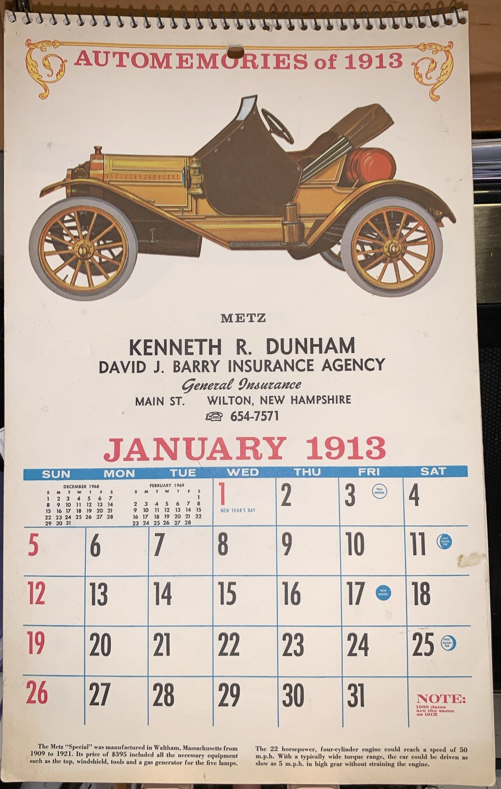 Vintage Automemories 1913 Calendar Dunham Barry Insurance Advertising Wilton NH