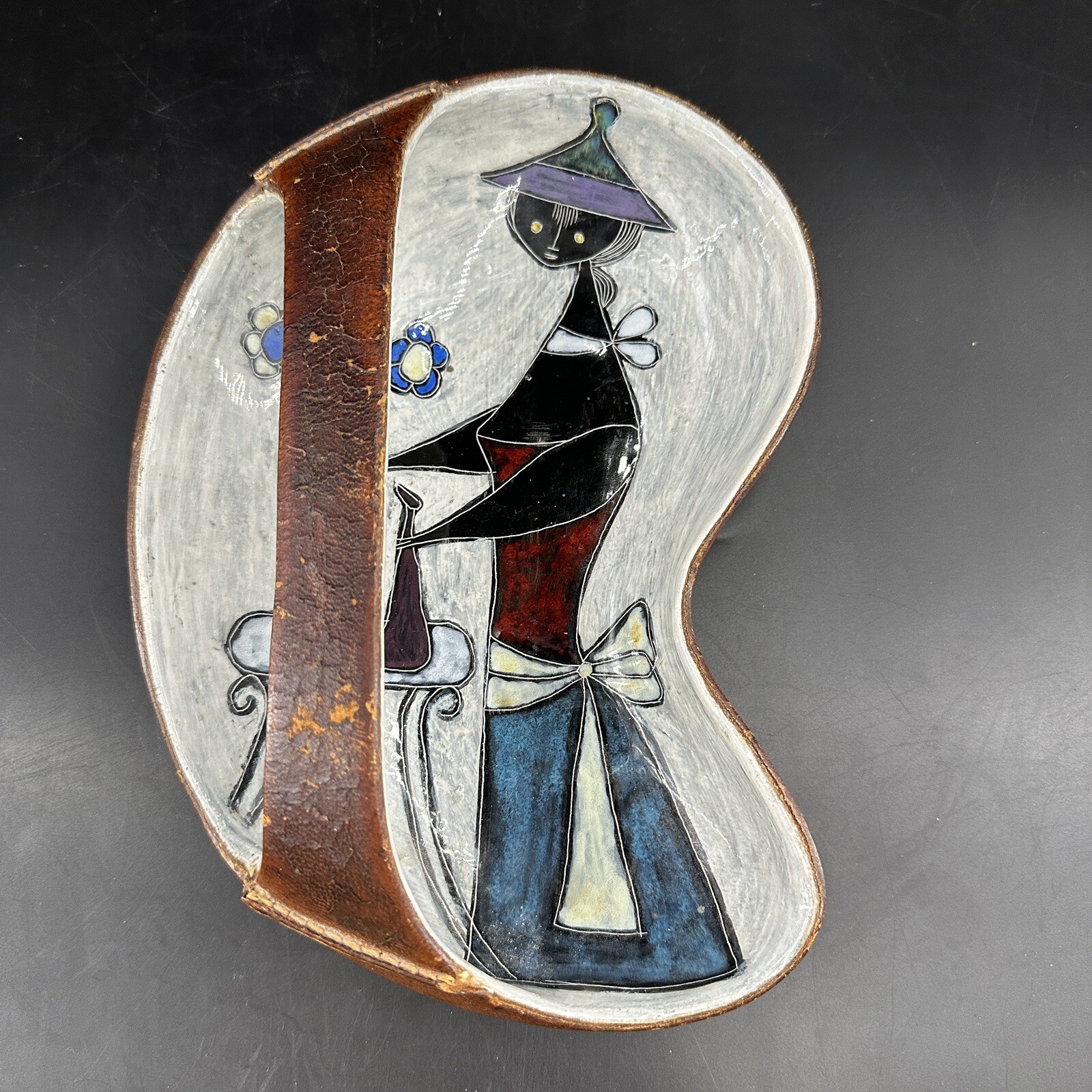 Marcello Fantoni Italian Ceramic Leather Encased Tray Dish Rare 1950\'s Marcello Fantoni Italian Ceramic Leather Encased Tray Dish Rare 1950\'s