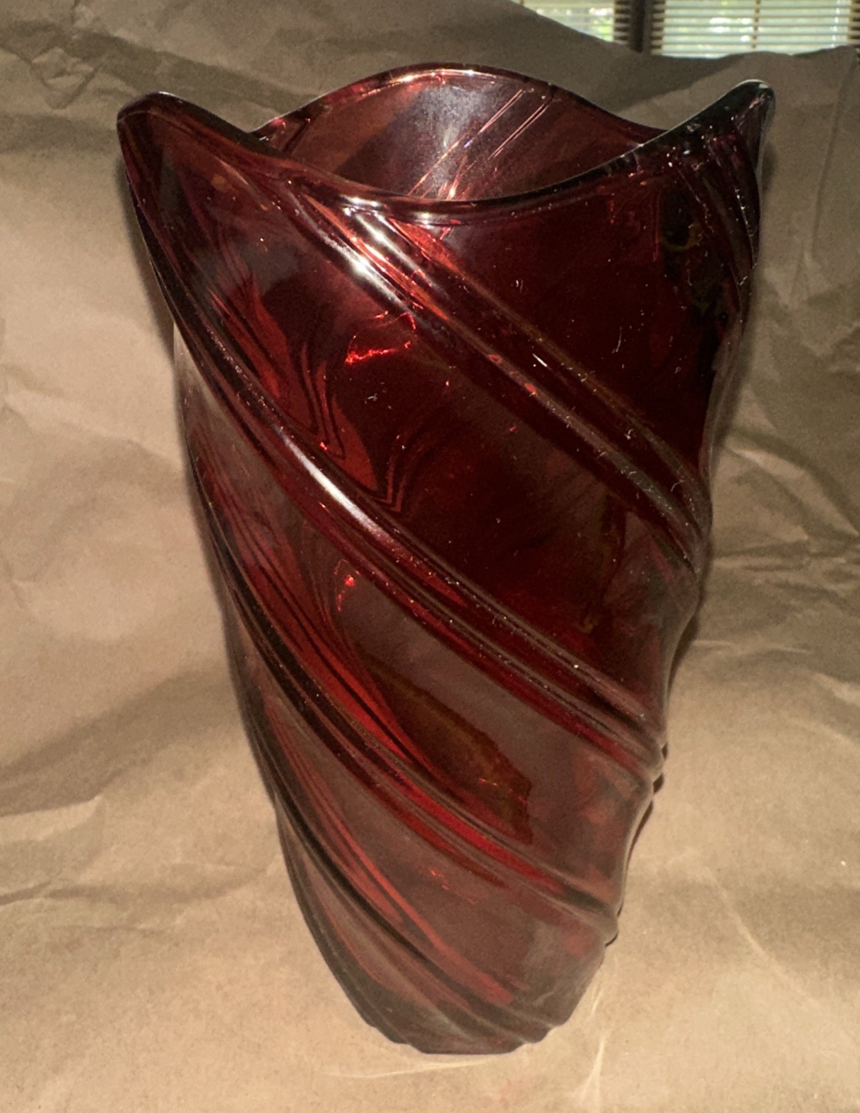FTD Ruby Red Swirl Pattern Glass Vase Heavy 8”