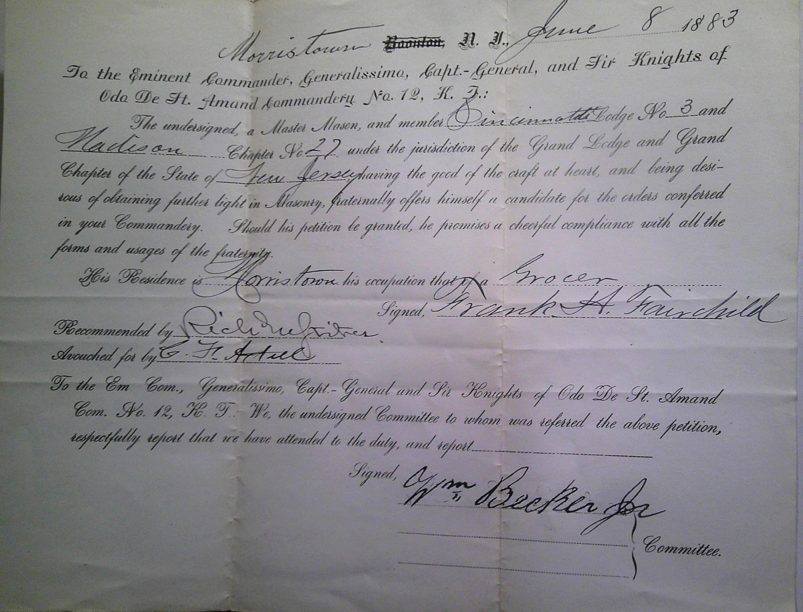 1883 Morristown NJ Knights Templar Membership Petition Frank Fairchild Masonic