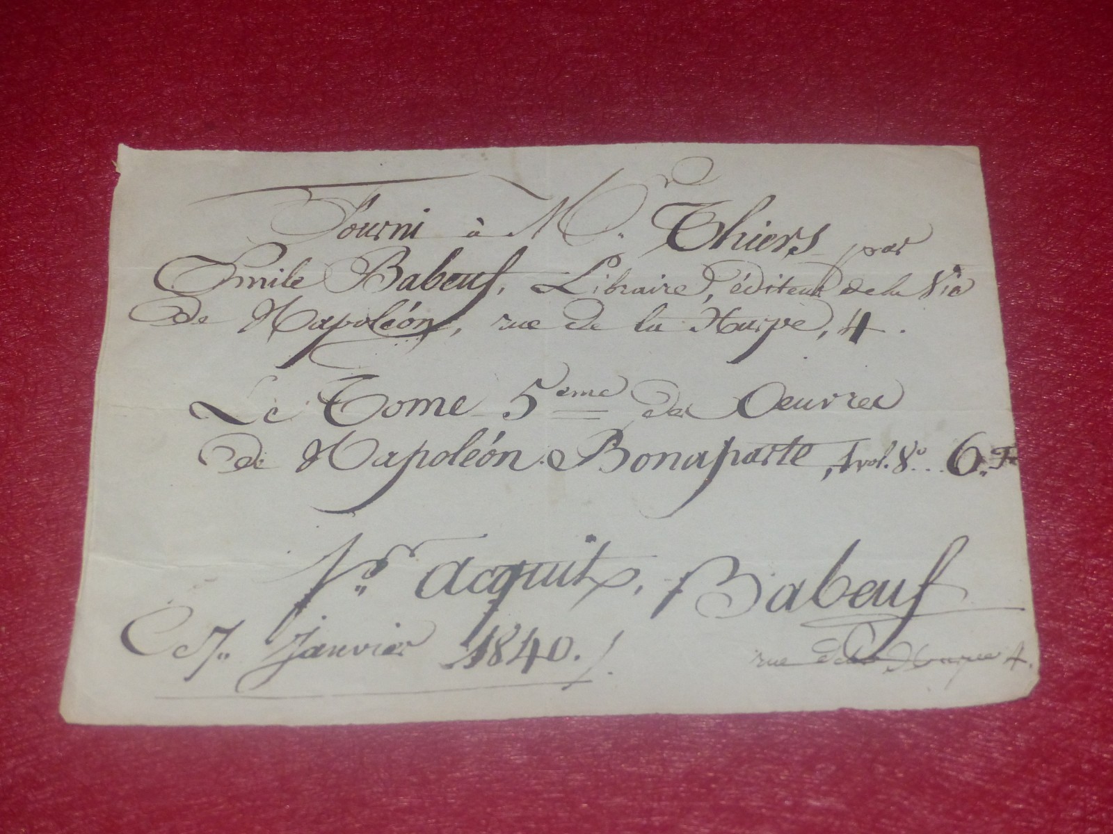 [COLLECTION ADOLPHE THIERS] Superb Signed Autograph Document Emile Babeuf 1840