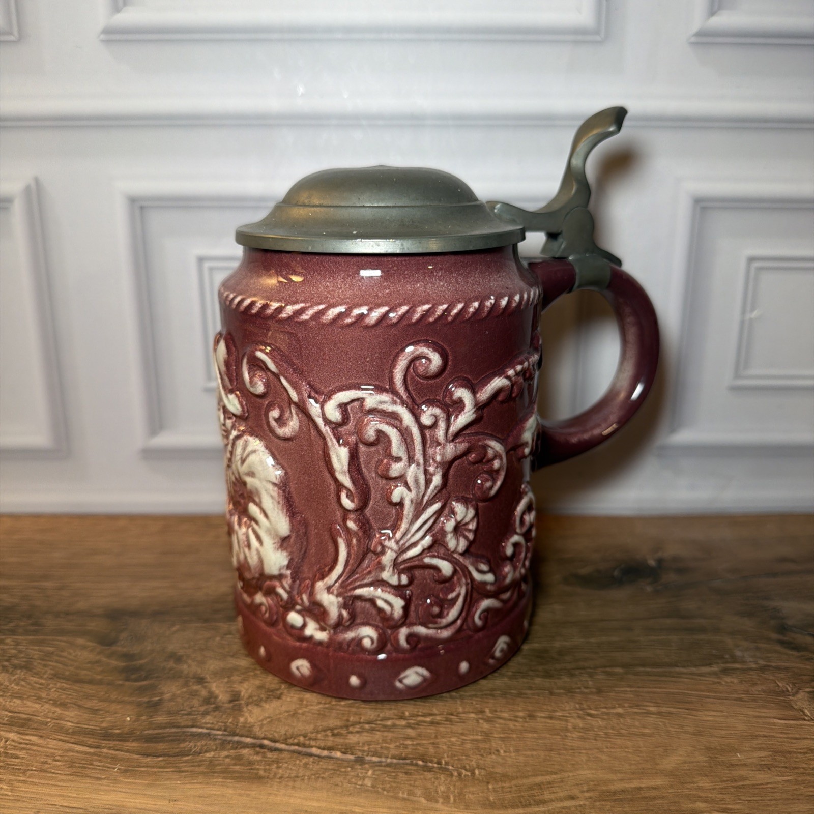 6” Vintage Gerz German Stoneware Raised Floral Scroll Lidded Beer Stein