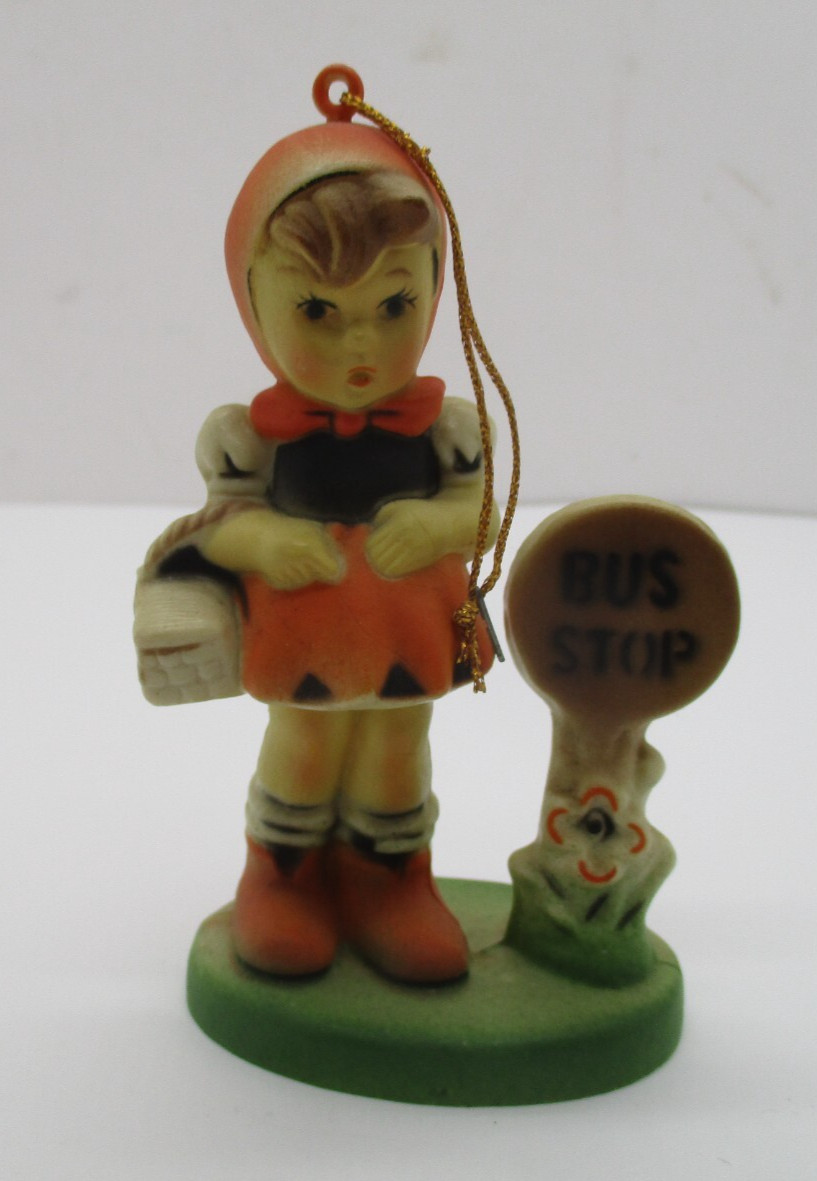 Vintage Little Girl at Bus Stop Figurine / Ornament Hard Plastic Made In Japan