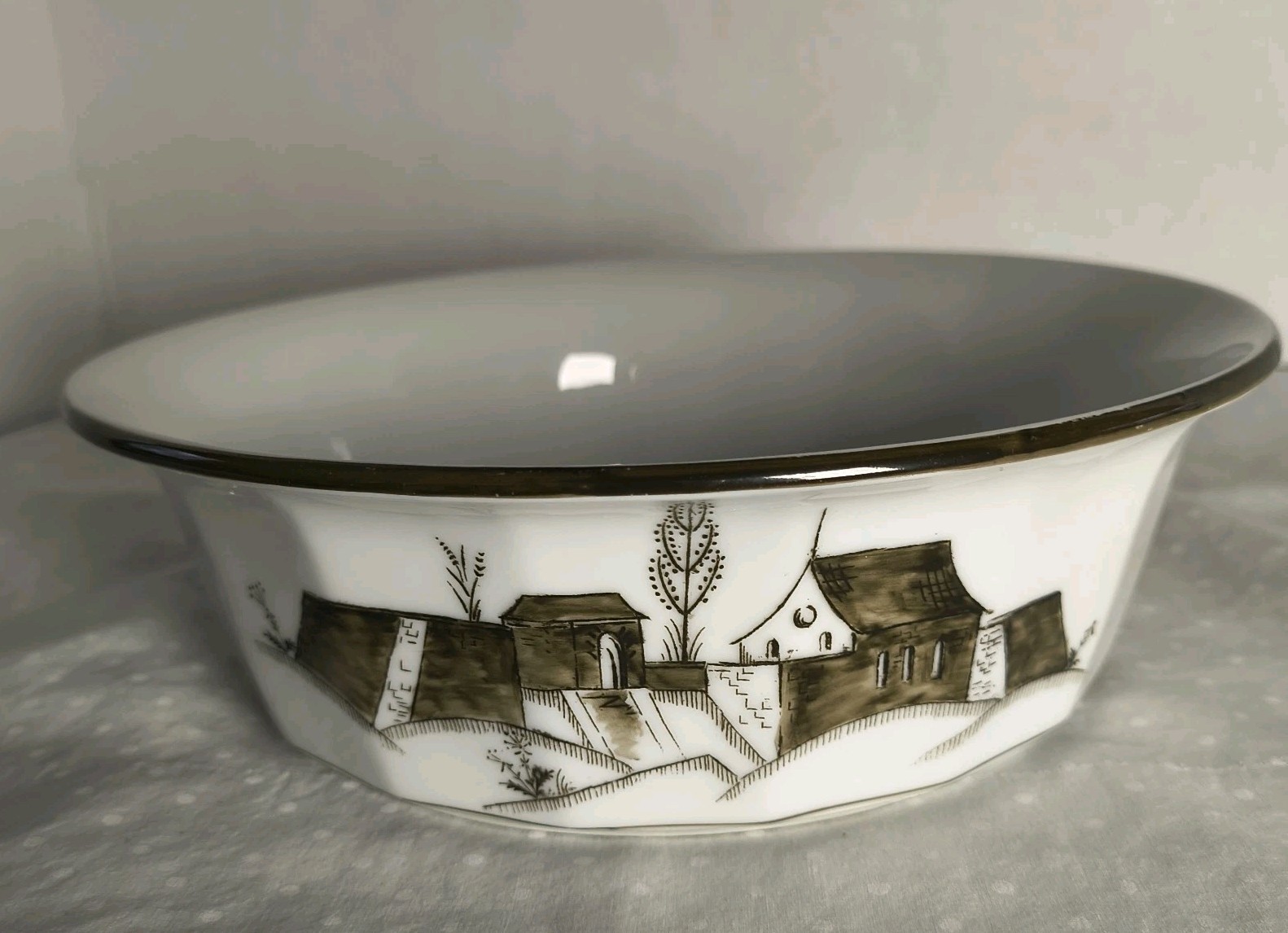Vintage Porsgrund Vegetable Serving Bowl Handpainted Brown Town Wall Gate 8.25 Vintage Porsgrund Vegetable Serving Bowl Handpainted Brown Town Wall Gate 8.25