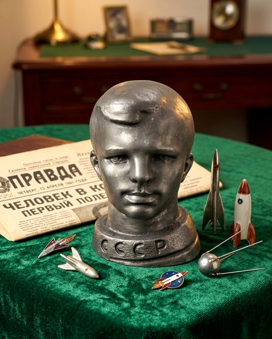 vintage USSR Yuri Gagarin Bust Soviet Space Statue Cosmonaut Metal 1960s
