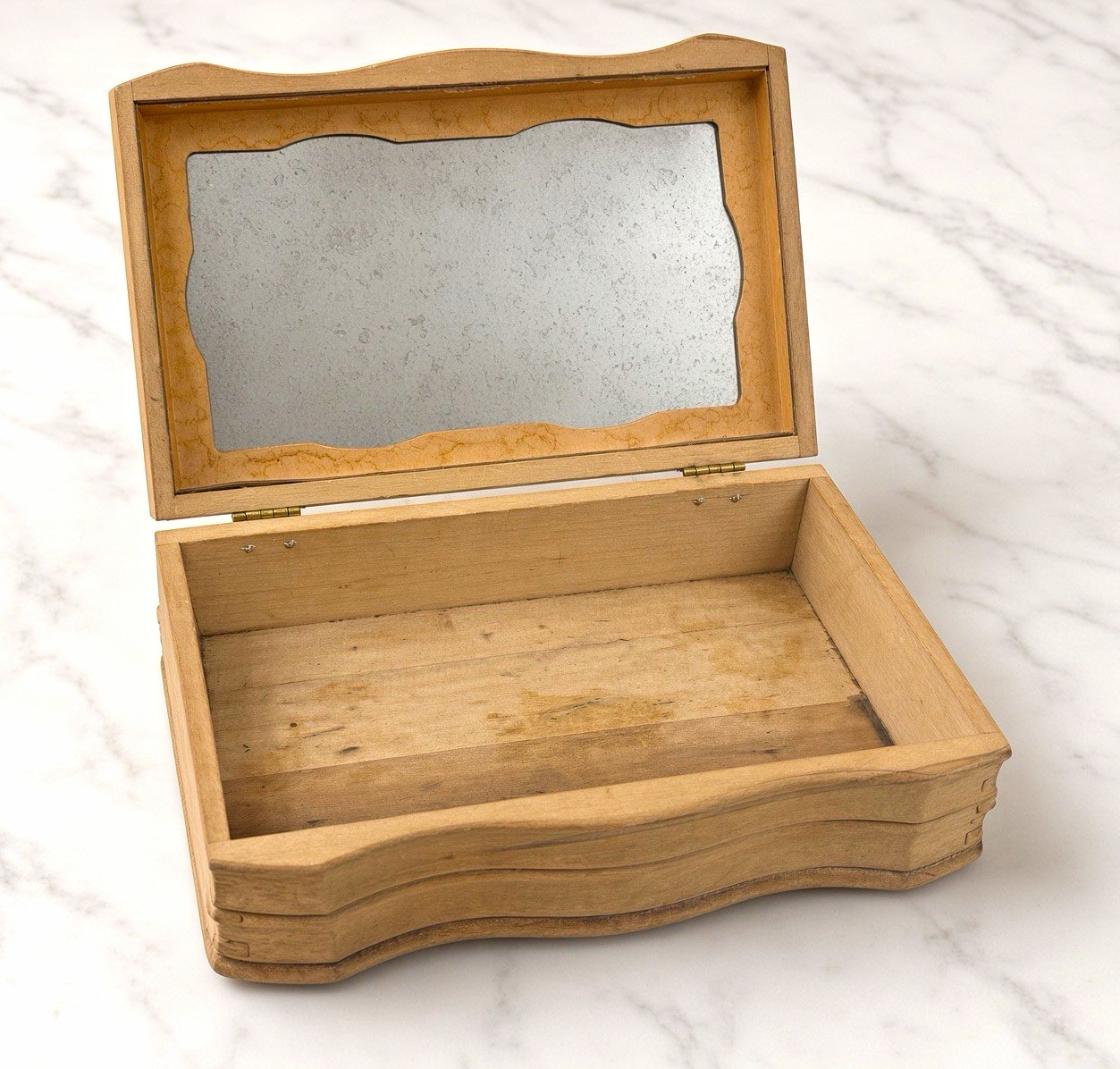 VTG Carved Wood Jewelry Box Dovetail Hinged Lid Cloudy Mirror Farmhouse 10x7x4\
