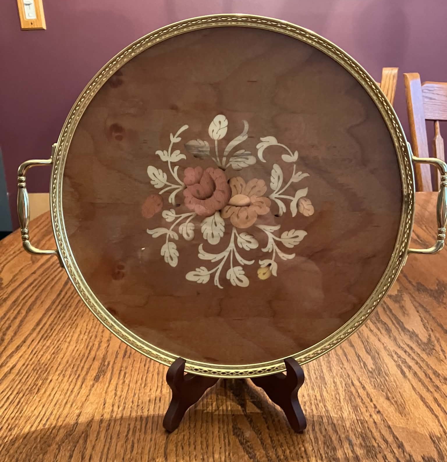 Beautiful Vintage Intarsitalia Inlaid Wood and Brass Serving Tray Flower Design