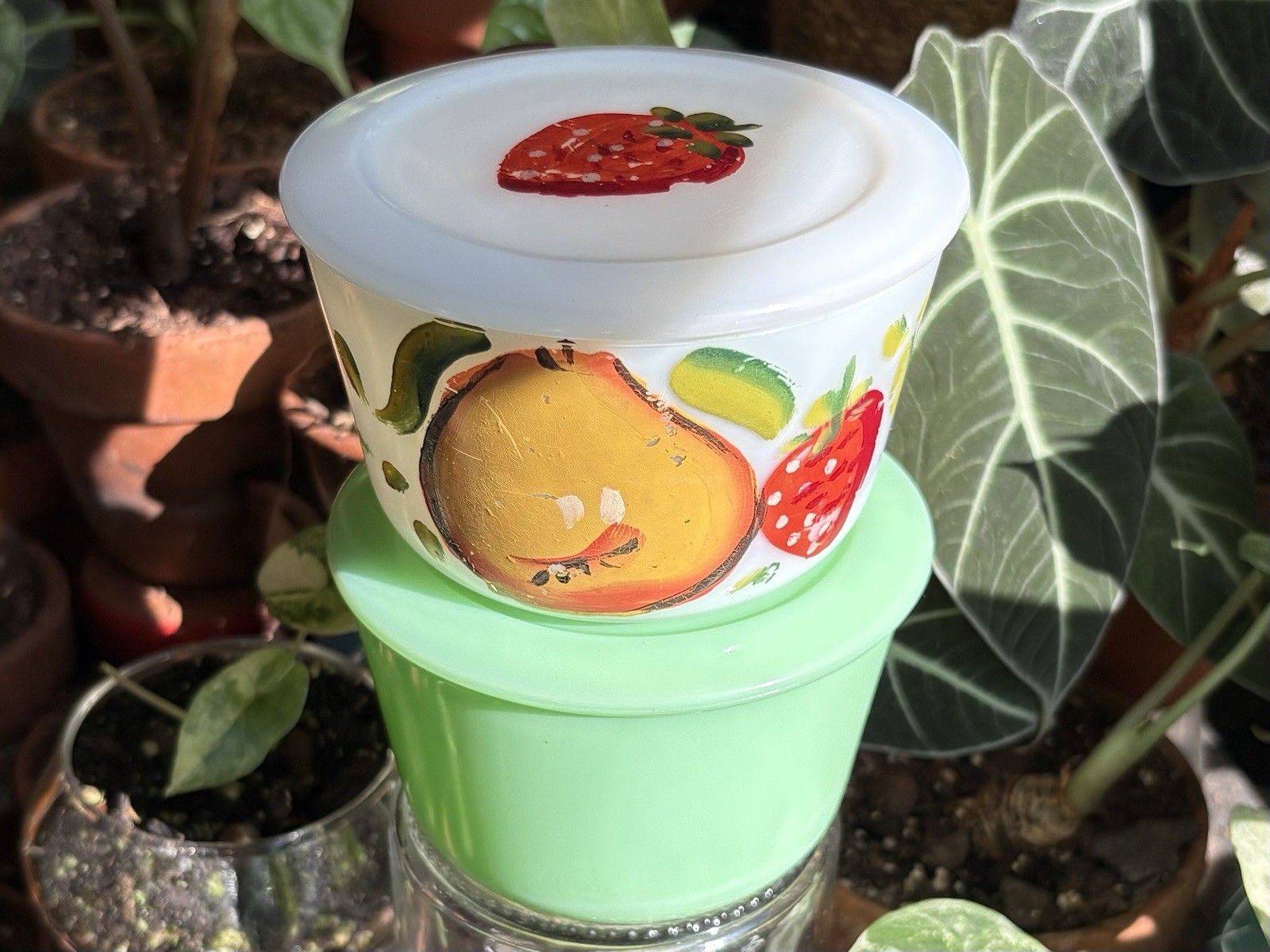Vintage Mckee Milk Glass & Jadeite Canisters W/Lids Hand Painted Rare🍐🍑