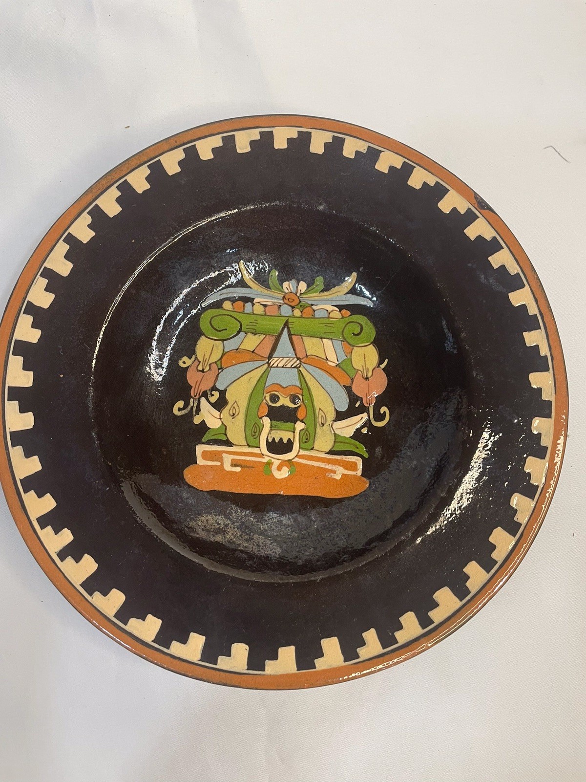 Vintage Mexican Red Brown Clay Bowl Maya Polychrome Style Aztec Folk Art Pottery