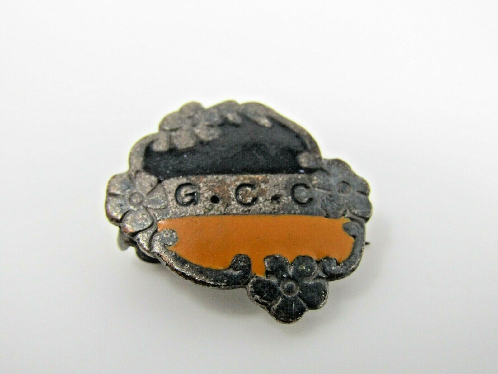 Antique G.C.C. Pin Brooch Art Nouveau Floral Enameled Metal Badge Black Orange