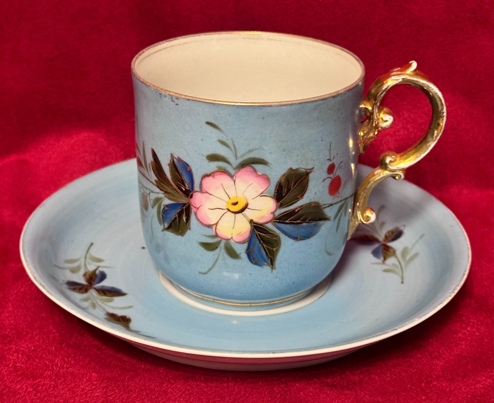 Antique Tettau Porcelain Tea Cup & Saucer Light Blue Floral Early 20th Germany