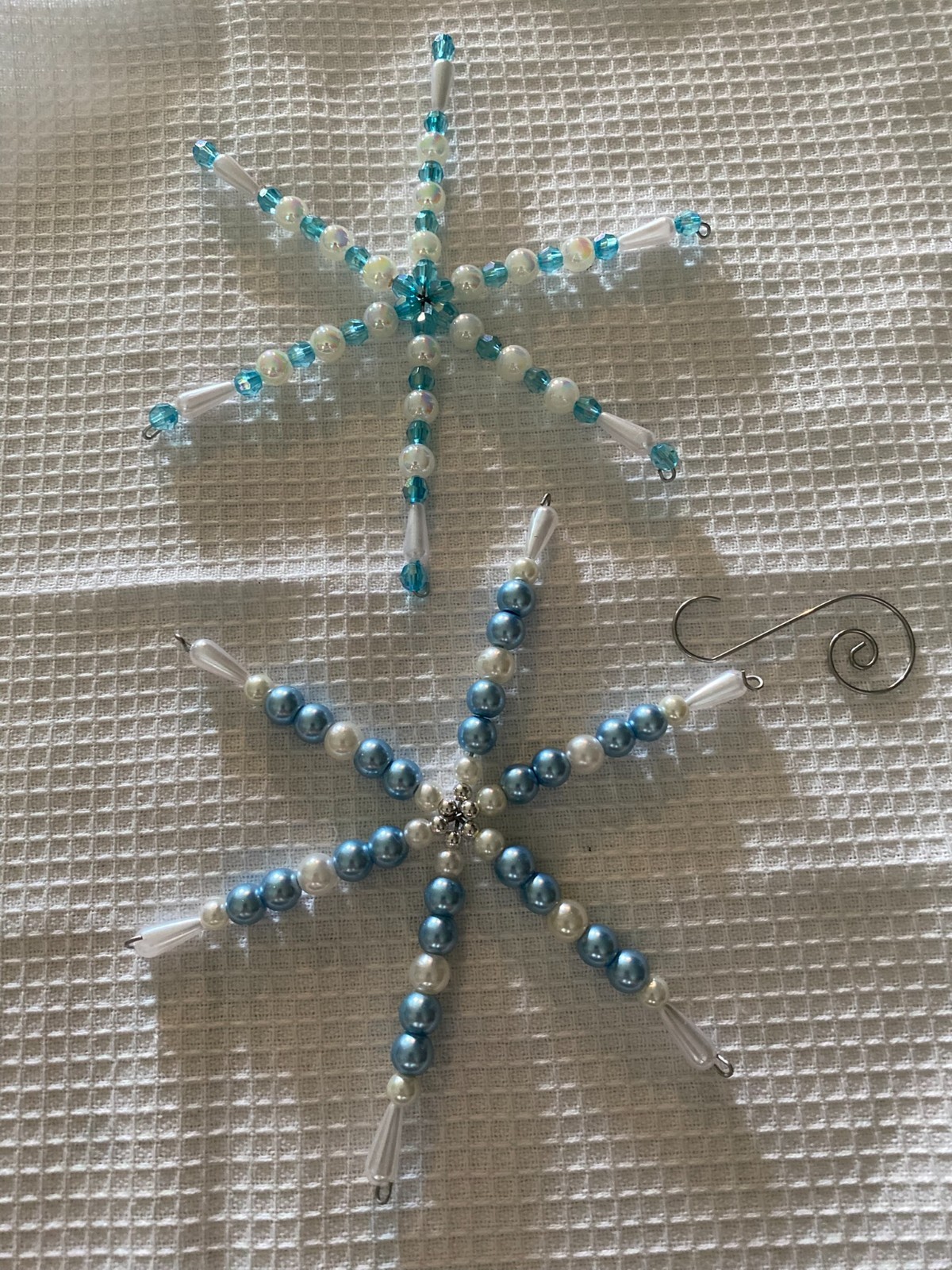 Handmade Beaded Snowflake Ornaments Set of 2 Blue Aqua Pearl Winter Tree Decor Handmade Beaded Snowflake Ornaments Set of 2 Blue Aqua Pearl Winter Tree Decor