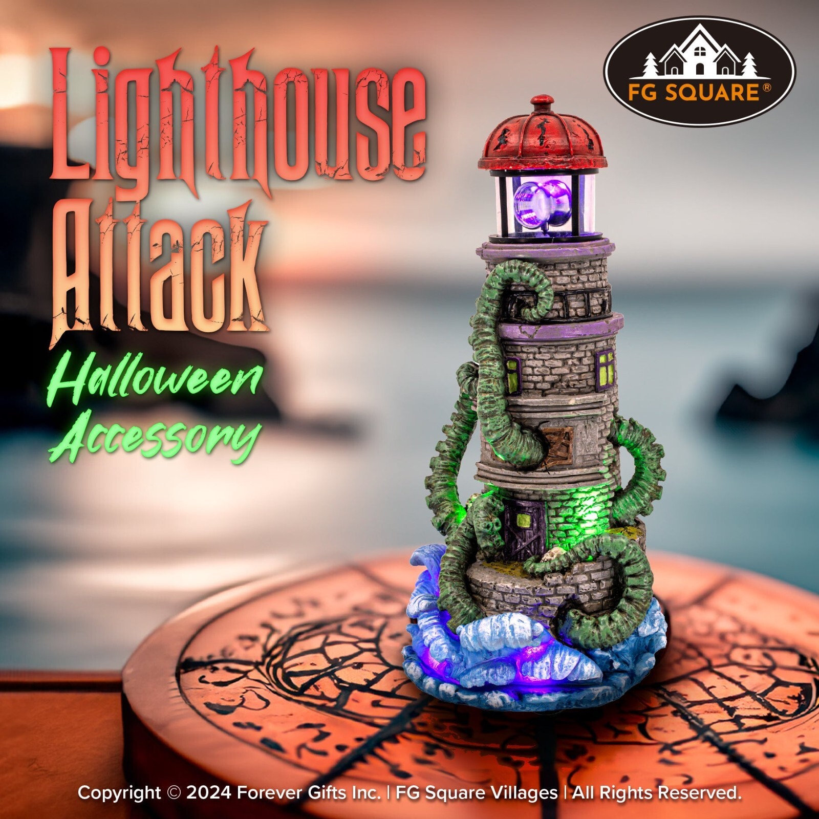 FG Square Lighthouse Attack Kraken Theme Spooky Halloween Village Decor 6x6x12\