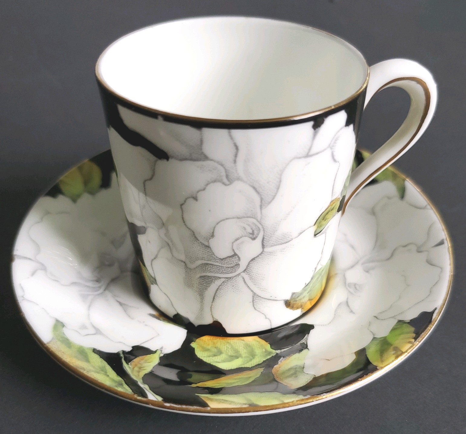 Vintage Black Paragon Cup, Saucer, White Gardenia, Double Warrant, England Vintage Black Paragon Cup, Saucer, White Gardenia, Double Warrant, England