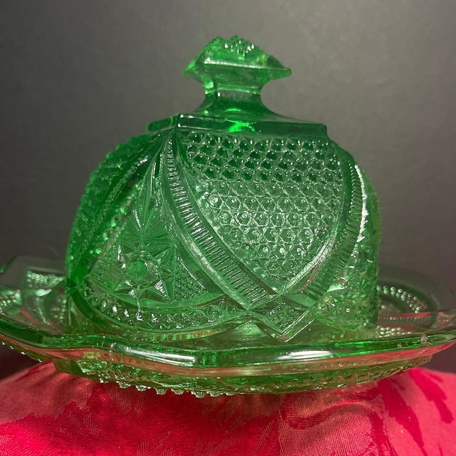 Antique EAPG Green Depression Glass High Dome Butter Dish Massachusetts Pattern