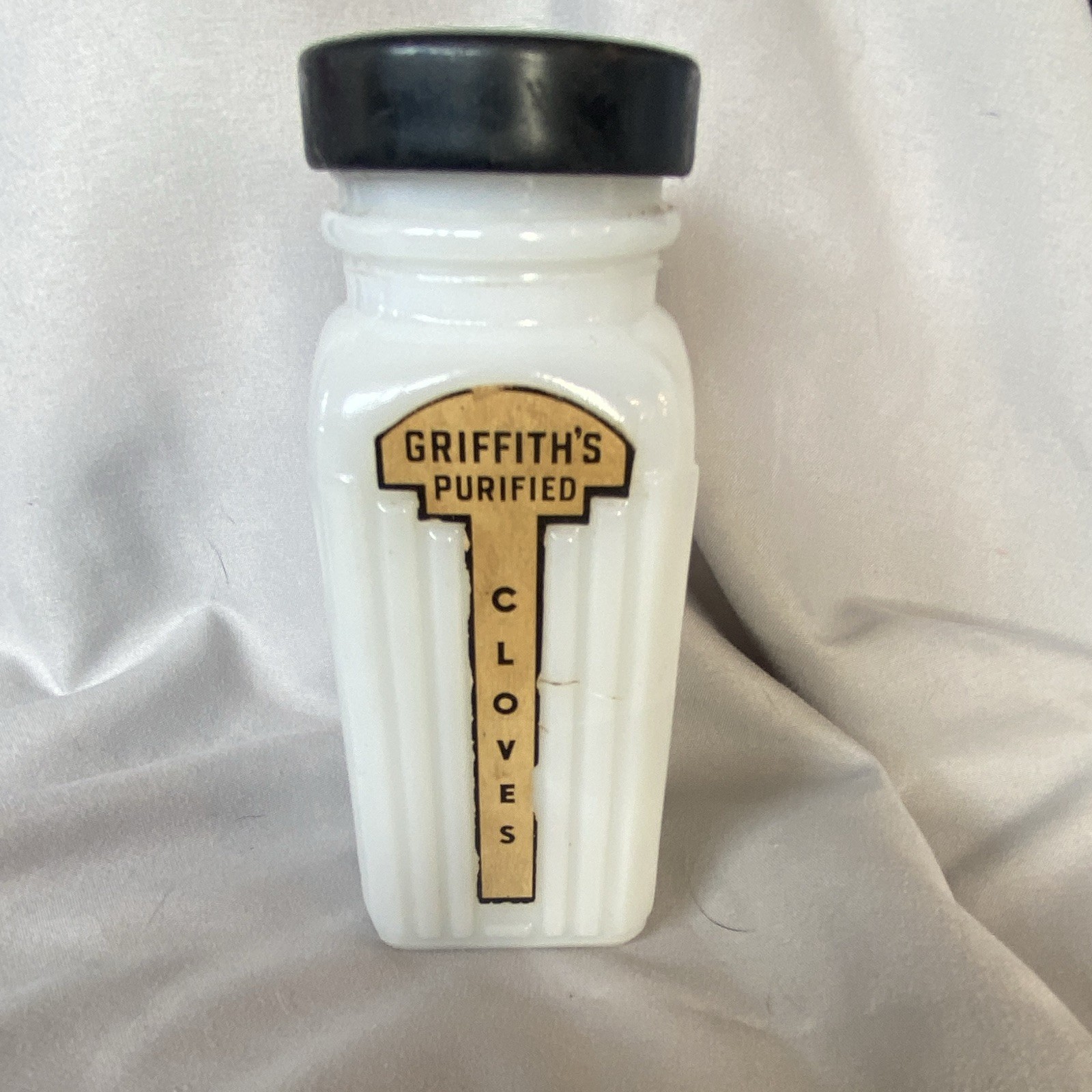 Griffith\'s Purified Cloves Milk Glass Spice Jar w/ Black Lid 1 1/2 oz Vintage