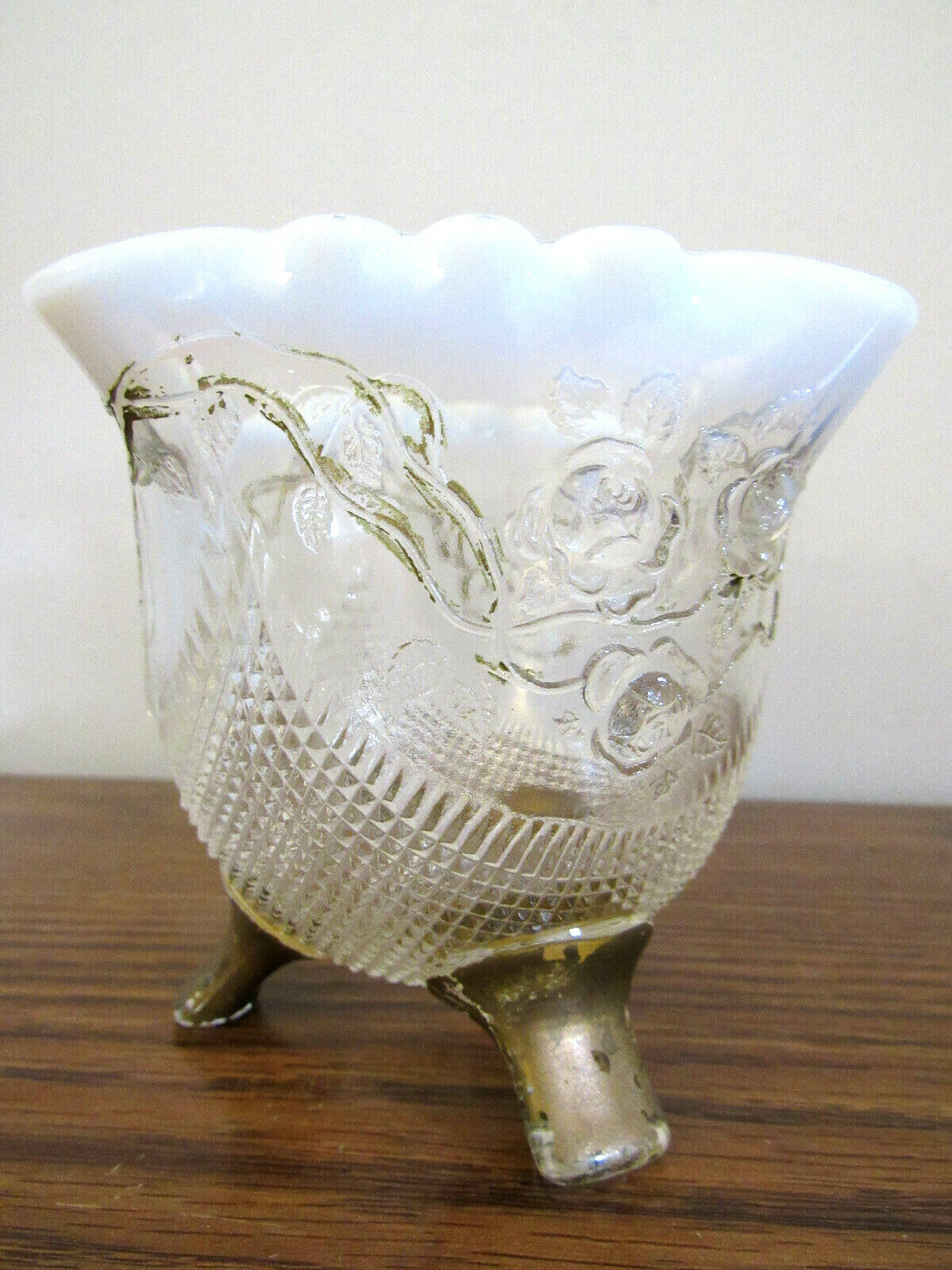 Footed Floral Glass Dish / Bowl Opalescent Ruffled Rim