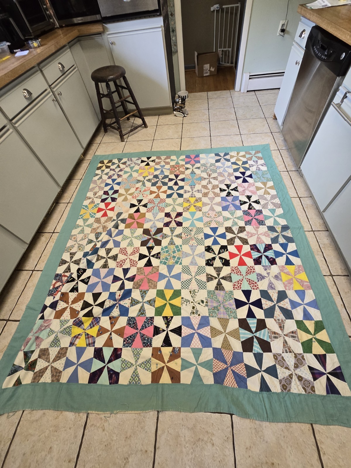 Feedsack Scrap Pinwheel Quilt C. 1935-1945 Hand Pieced & Quilted Novelty Prints