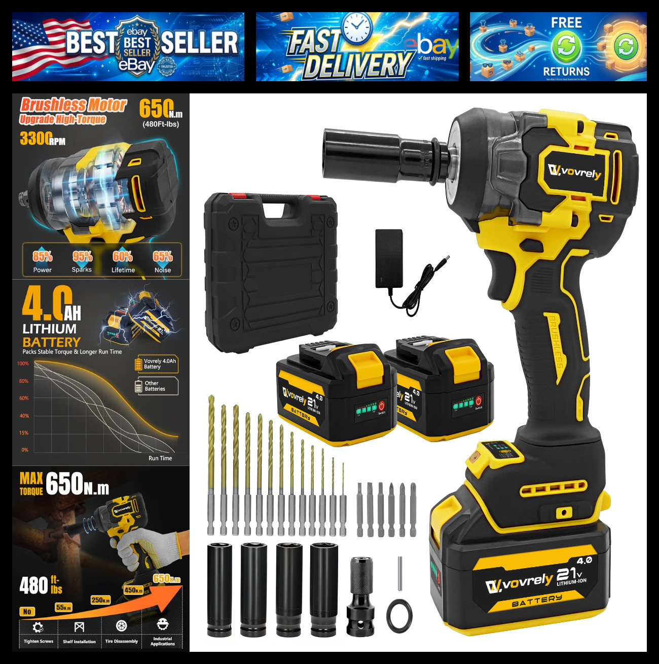 Cordless Impact Wrench 480 Ft-lbs(650N.m) High Torque 1/2 Inch, 3300RPM Brushles
