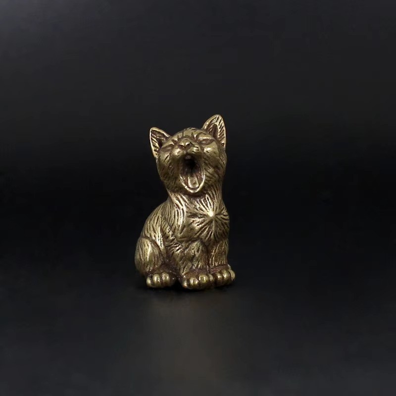 Brass Cat Figurine Yawning Kitten Statue Small Sculpture Home Decor Cute Gift