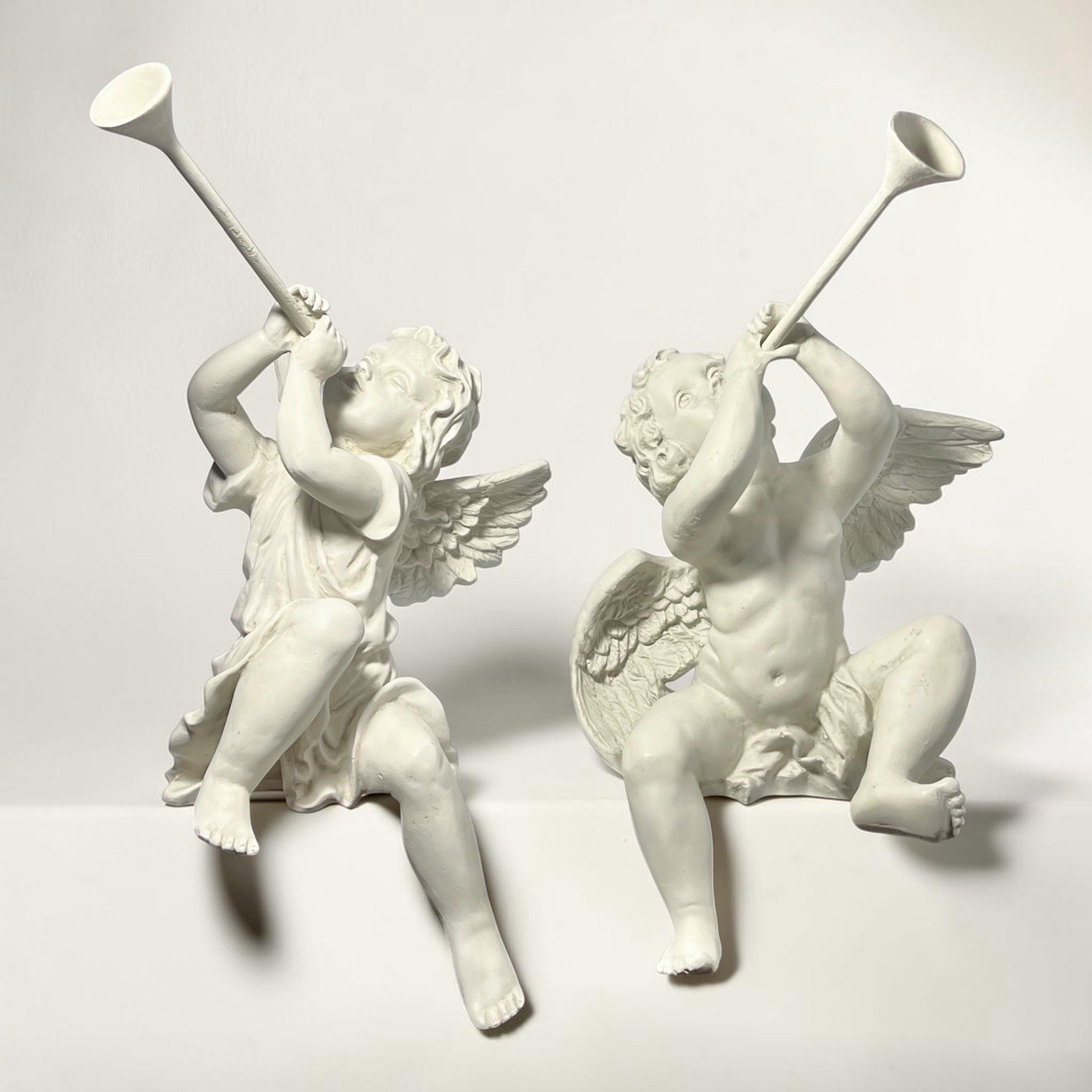 Vintage Pair of Resin Stone Sitting Shelf Cherub Angel Herald Figurines 14 1/2”