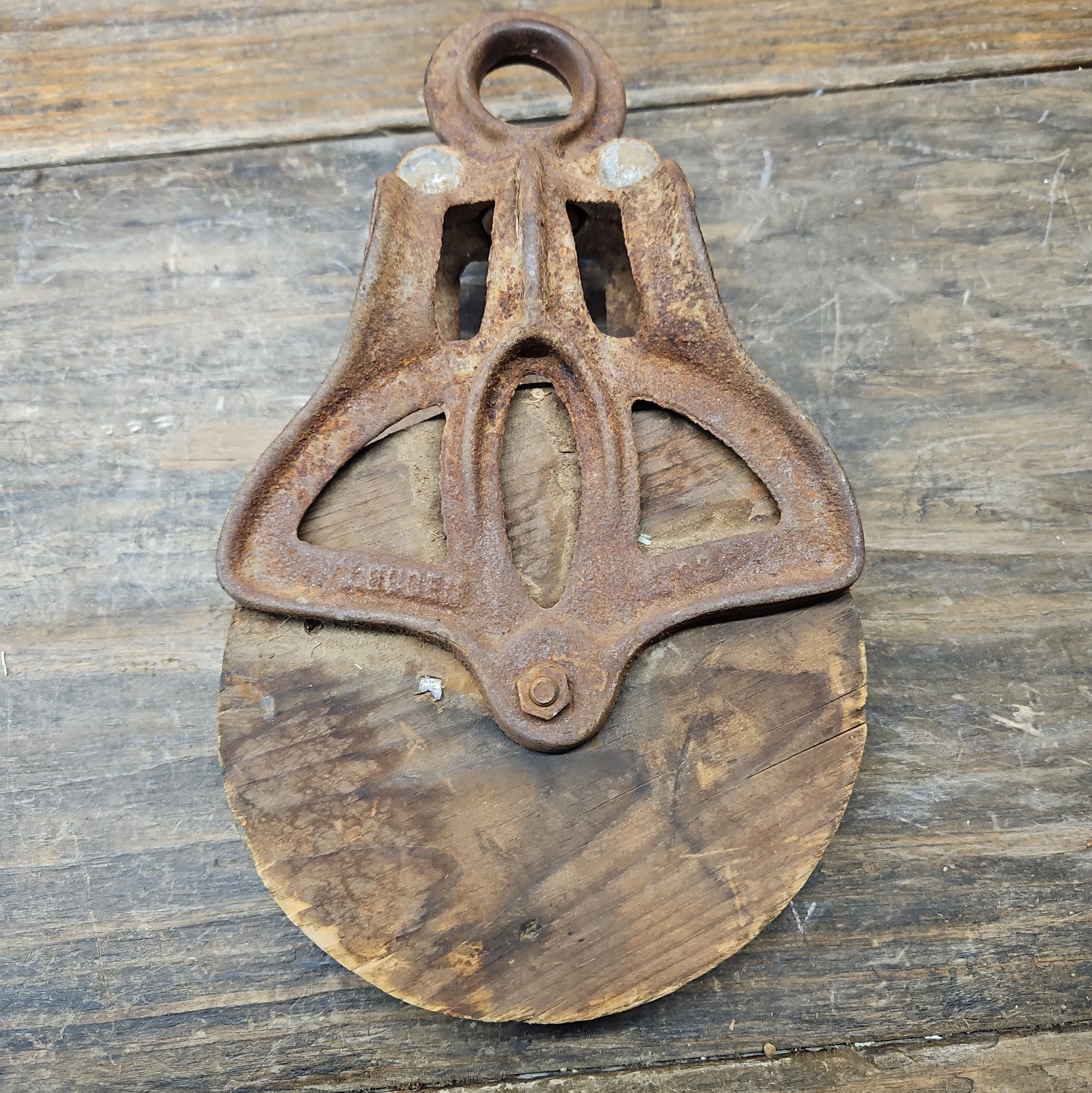 Antique LOUDEN Barn Pulley w/ Wood Sheave steampunk