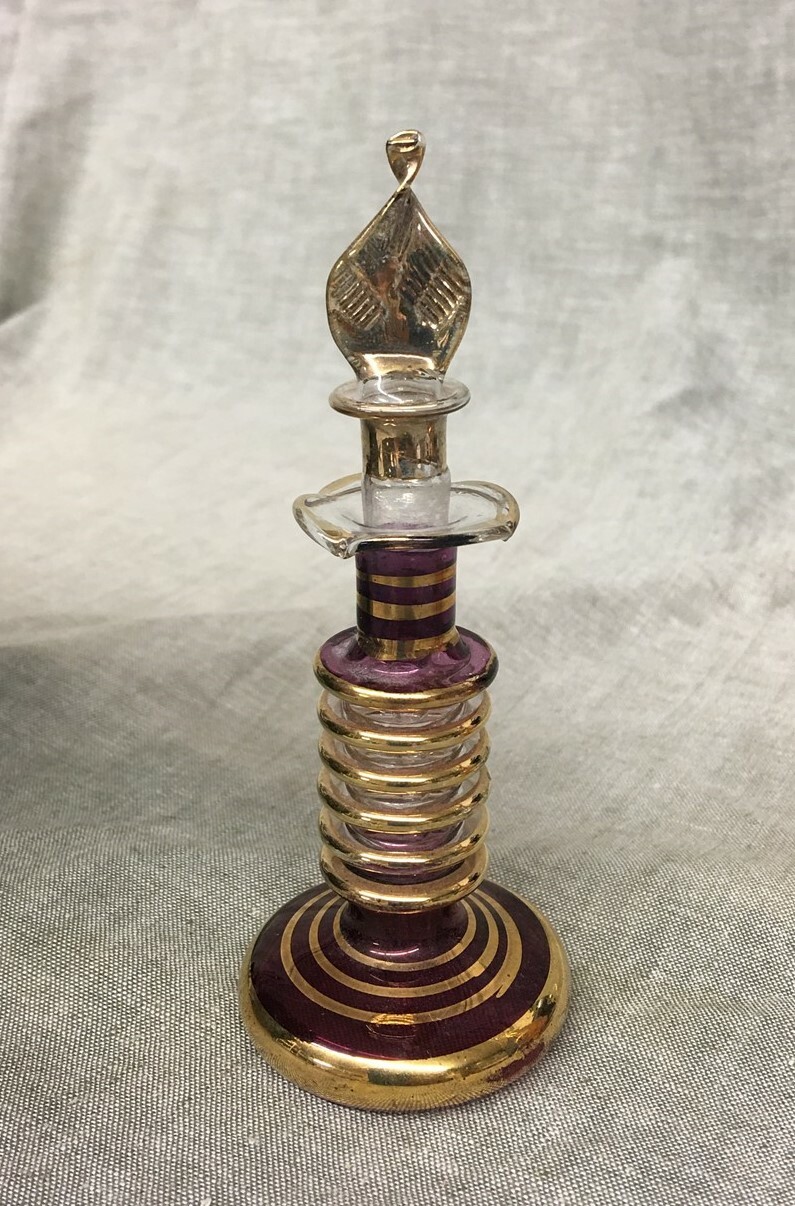 Lovely Bohemia Art Glass Perfume Ruby Glass Gold Decoration w/Stopper